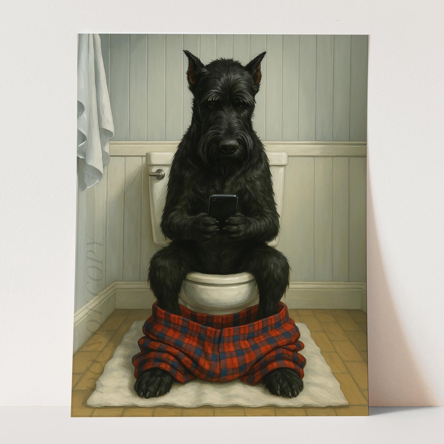 Giant Schnauzer Dog On The Phone On The Toilet