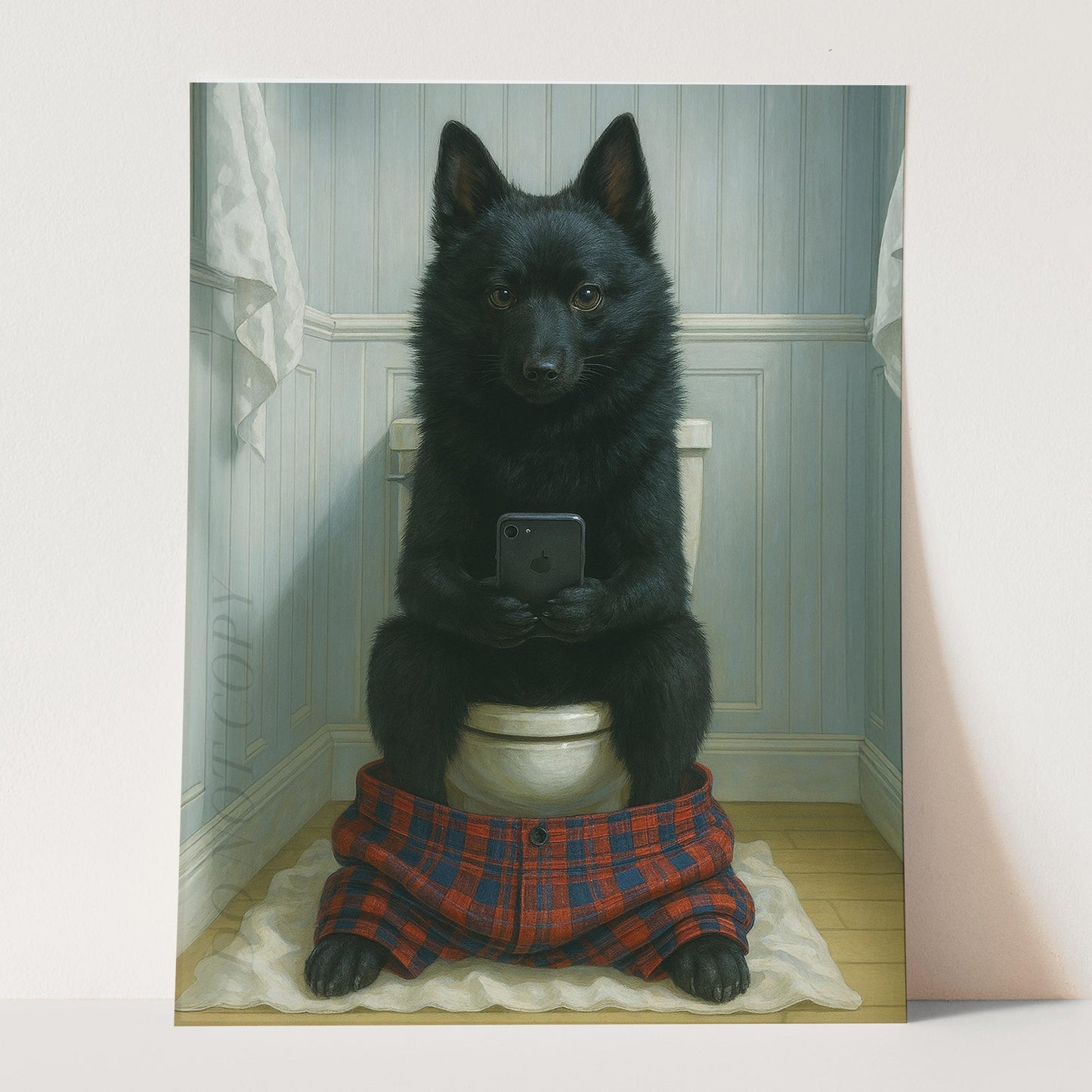 Schipperke Dog On The Phone On The Toilet