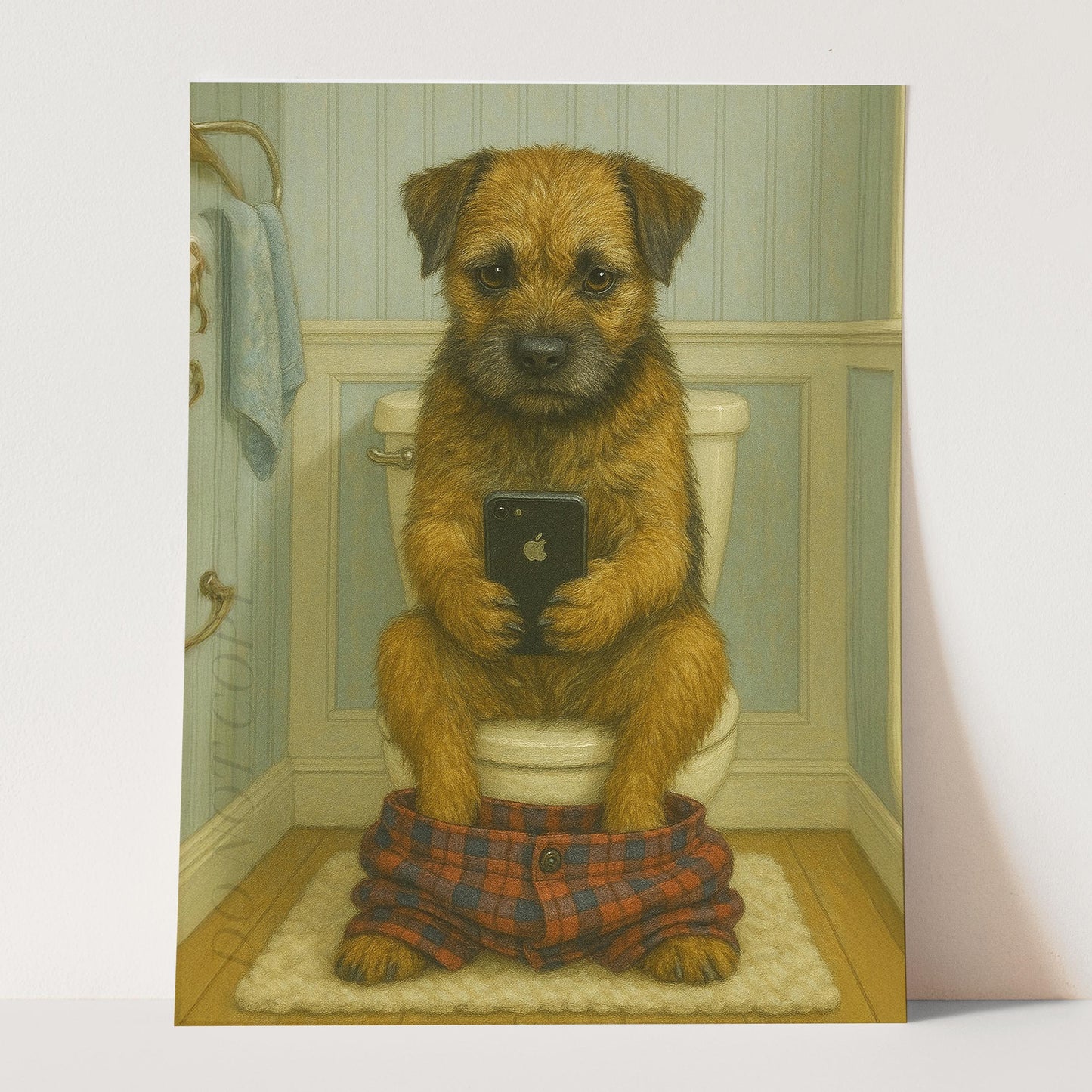 Border Terrier Dog On The Phone On The Toilet
