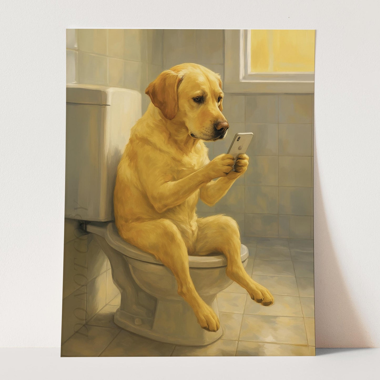 Yellow Labrador Retriever Dog On The Phone On The Toilet