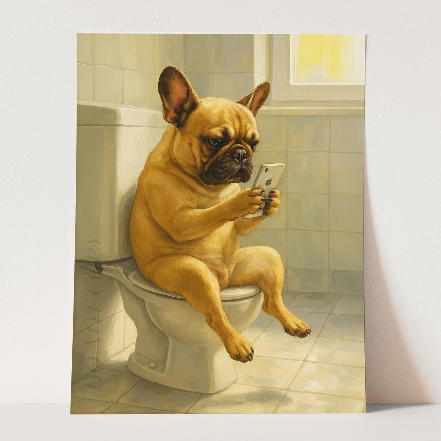 French Bulldog On The Phone On The Toilet