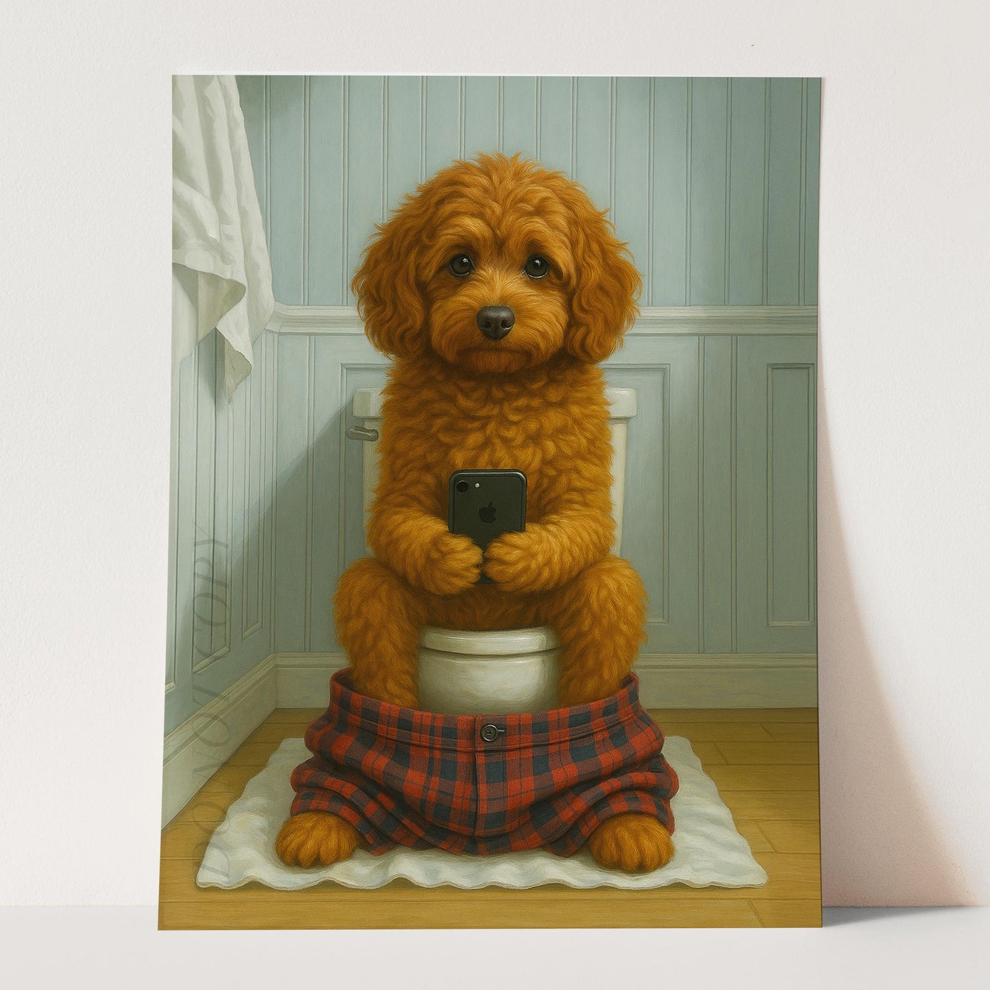 Cavapoo Dog On The Phone On The Toilet