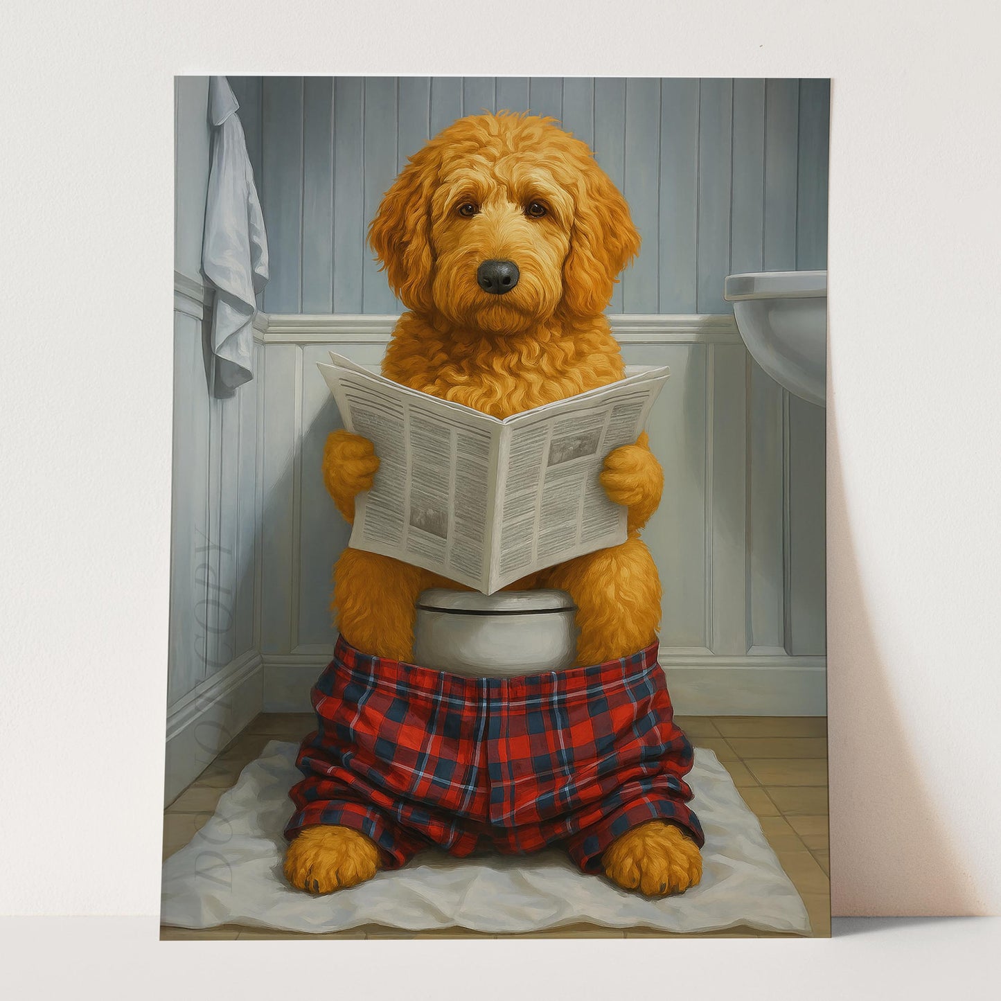 Golden Doodle Dog Reading The Newspaper On The Toilet