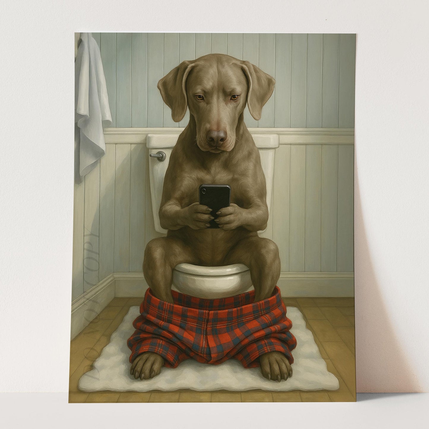Weimaraner Dog On The Phone On The Toilet