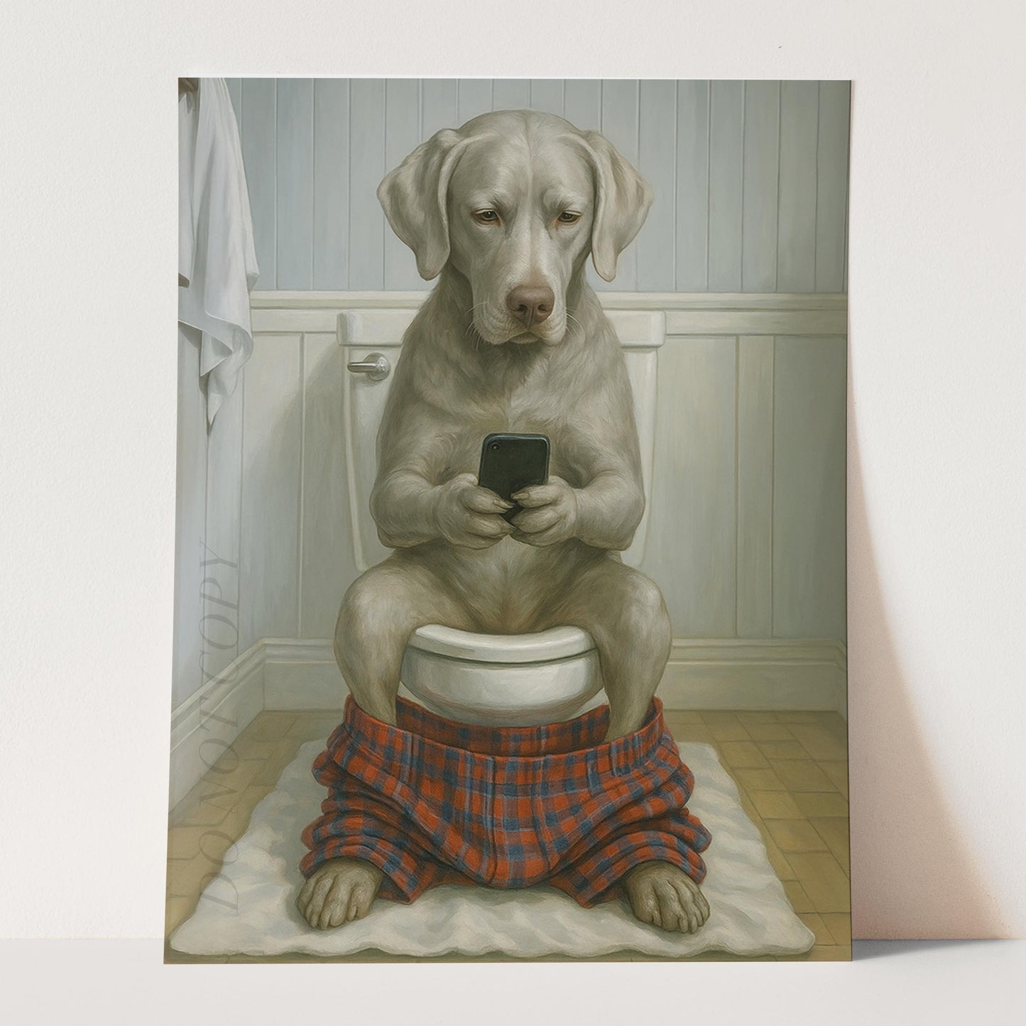 Silver Labrador Retriever Dog On The Phone On The Toilet