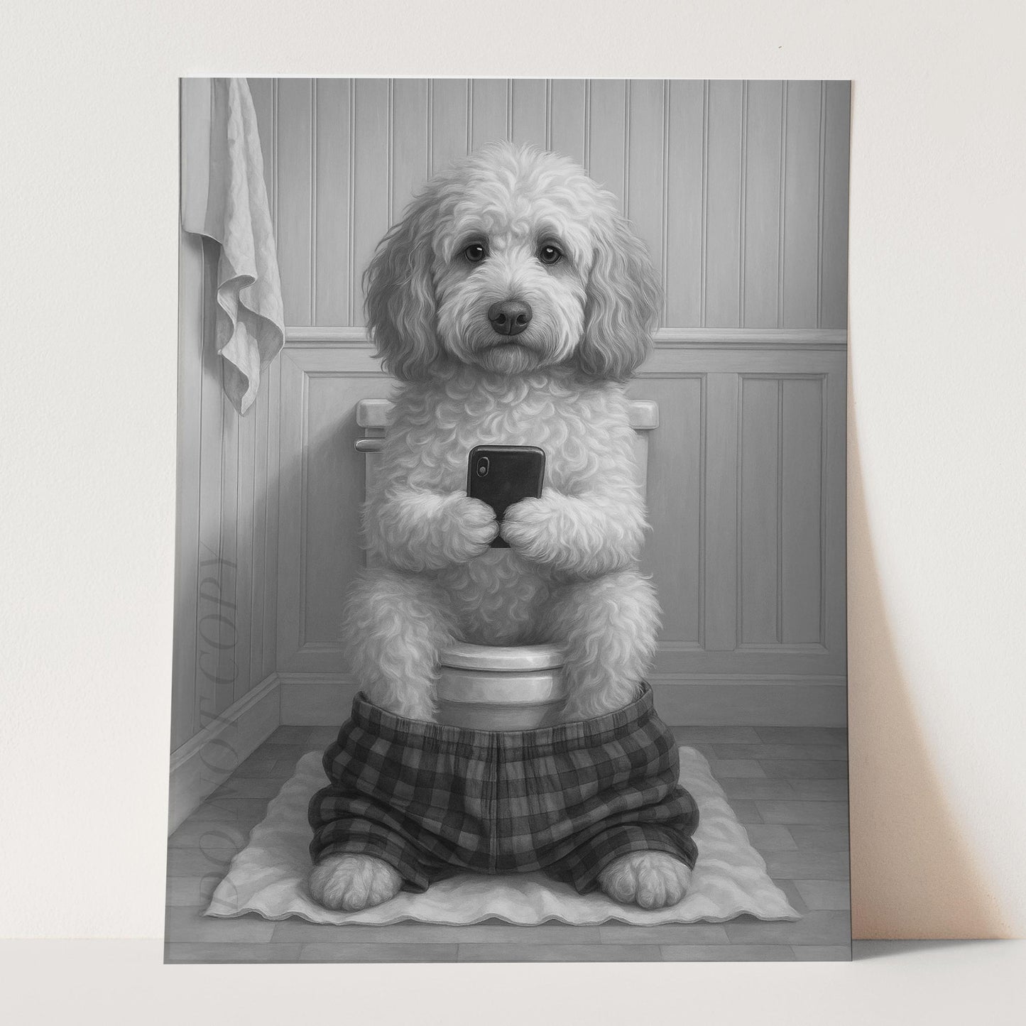 Labradoodle Dog On The Phone On The Toilet