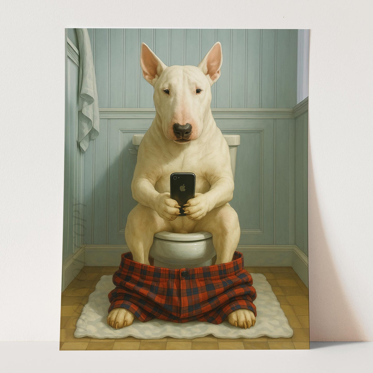 Bull Terrier Dog On The Phone On The Toilet