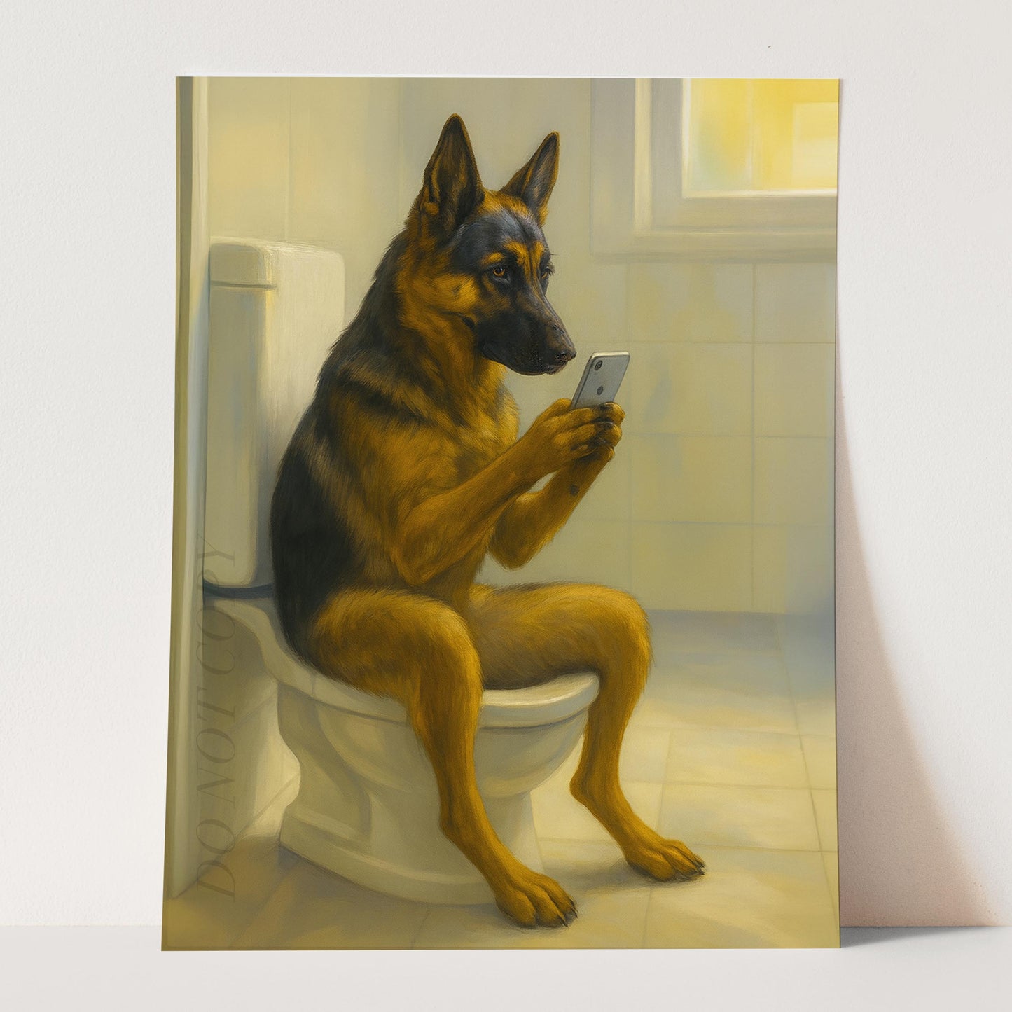 German Shepherd Dog On The Phone On The Toilet