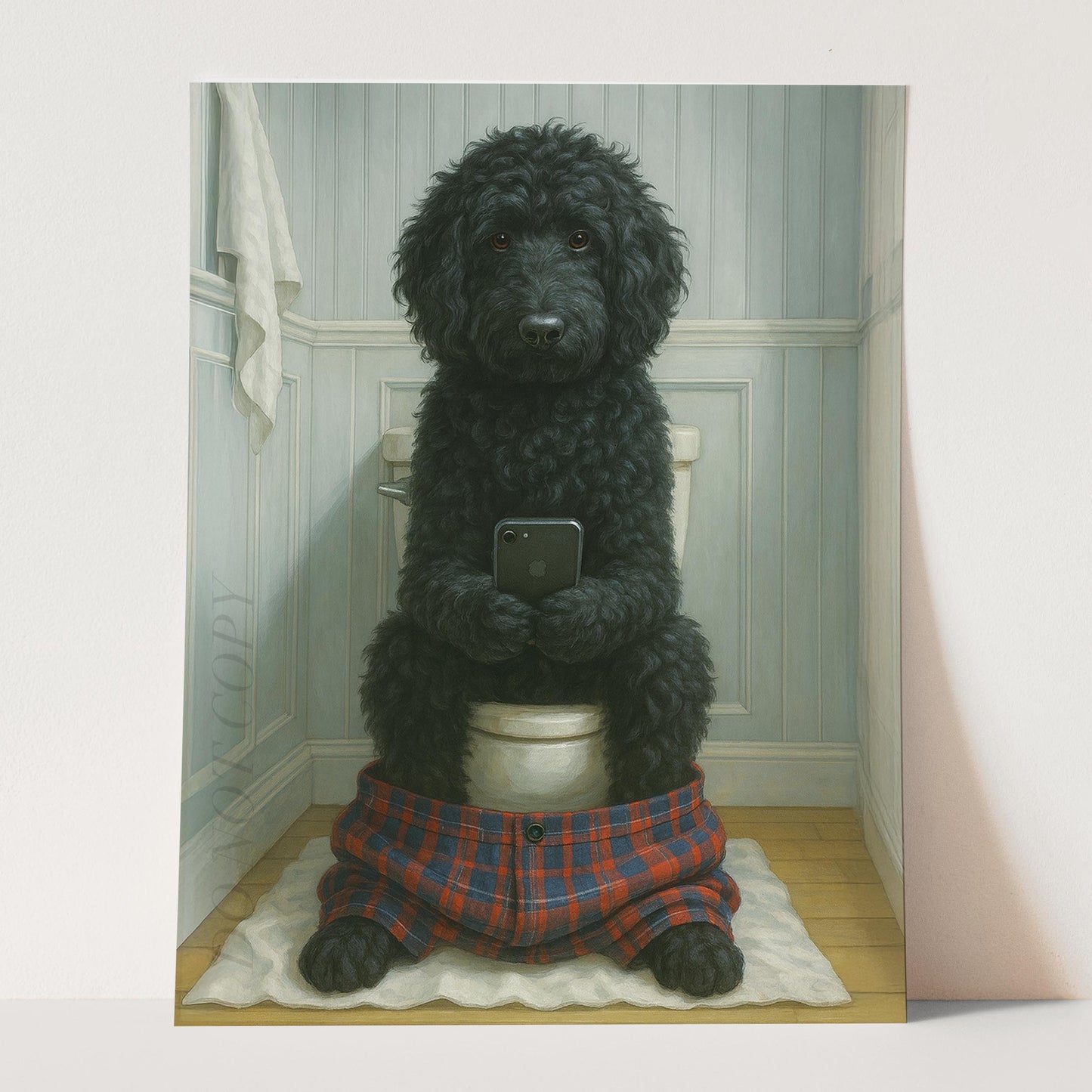 Black Golden Doodle Dog On The Phone On The Toilet