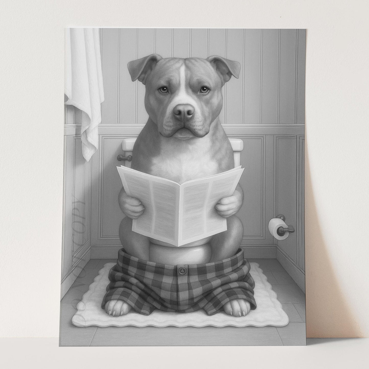 Pit Bull Dog Reading The Newspaper On The Toilet