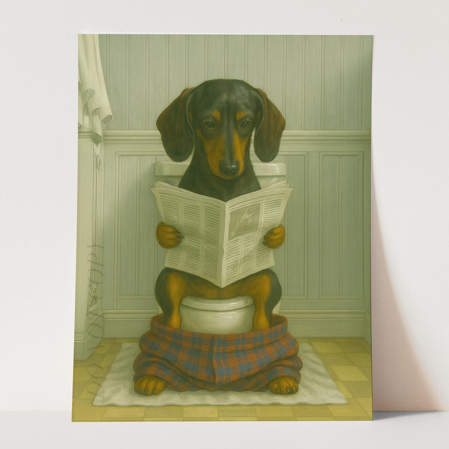 Dachshund Dog Reading The Newspaper On The Toilet