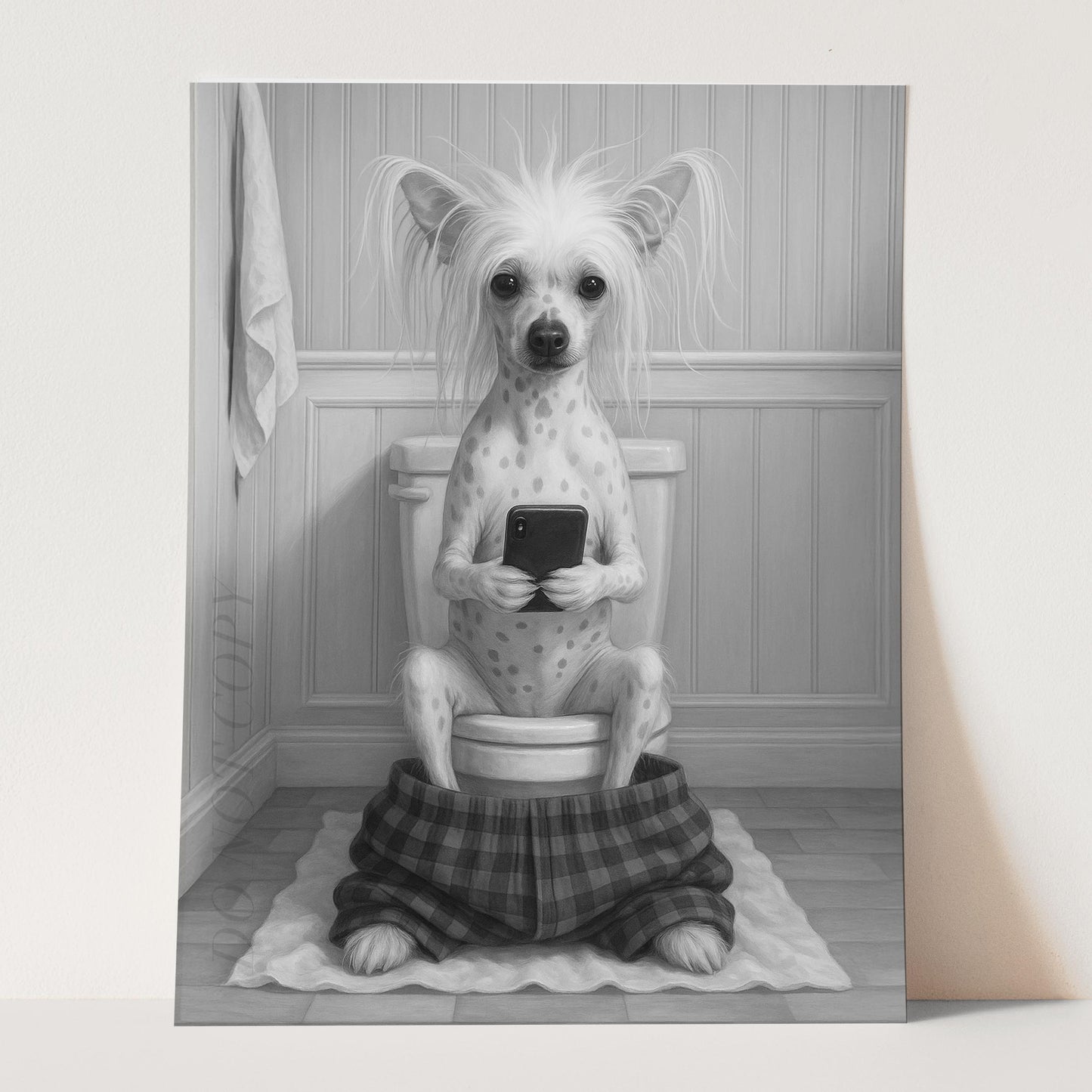 Chinese Crested Dog On The Phone On The Toilet