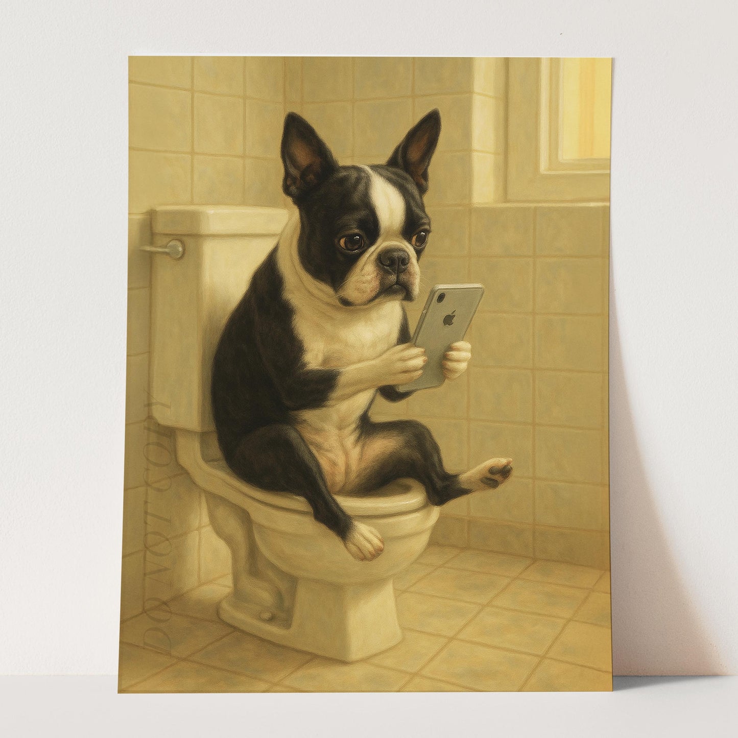 Boston Terrier Dog On The Phone On The Toilet