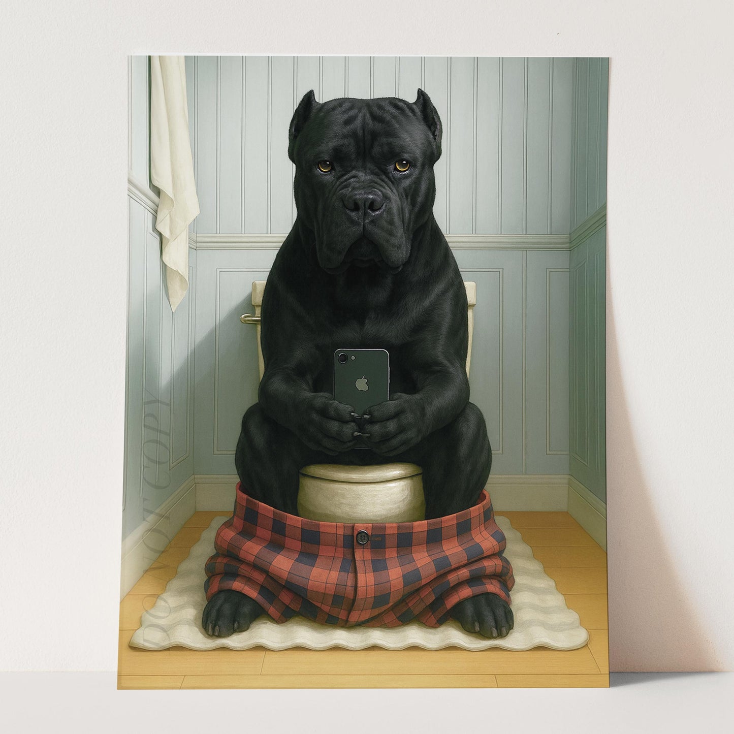 Cane Corso Dog On The Phone On The Toilet