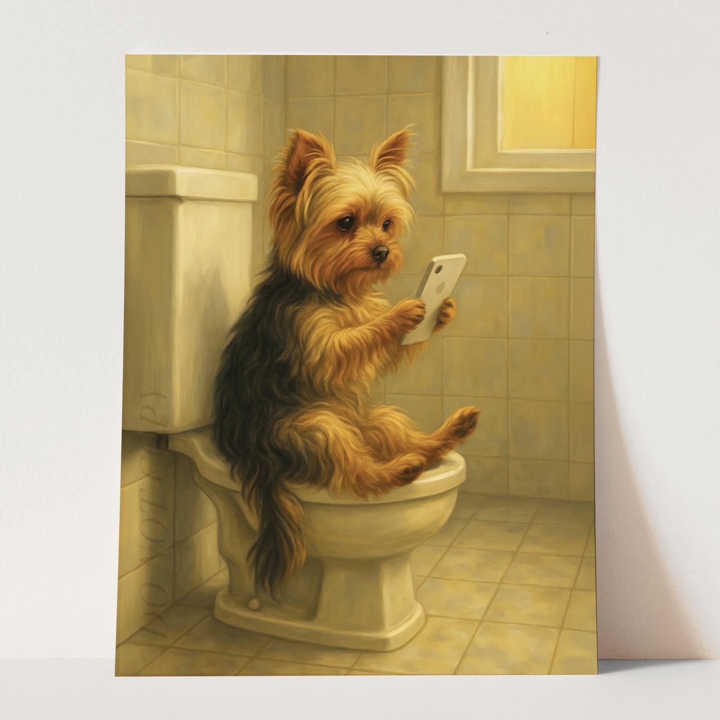 Yorkshire Terrier Dog On The Phone On The Toilet