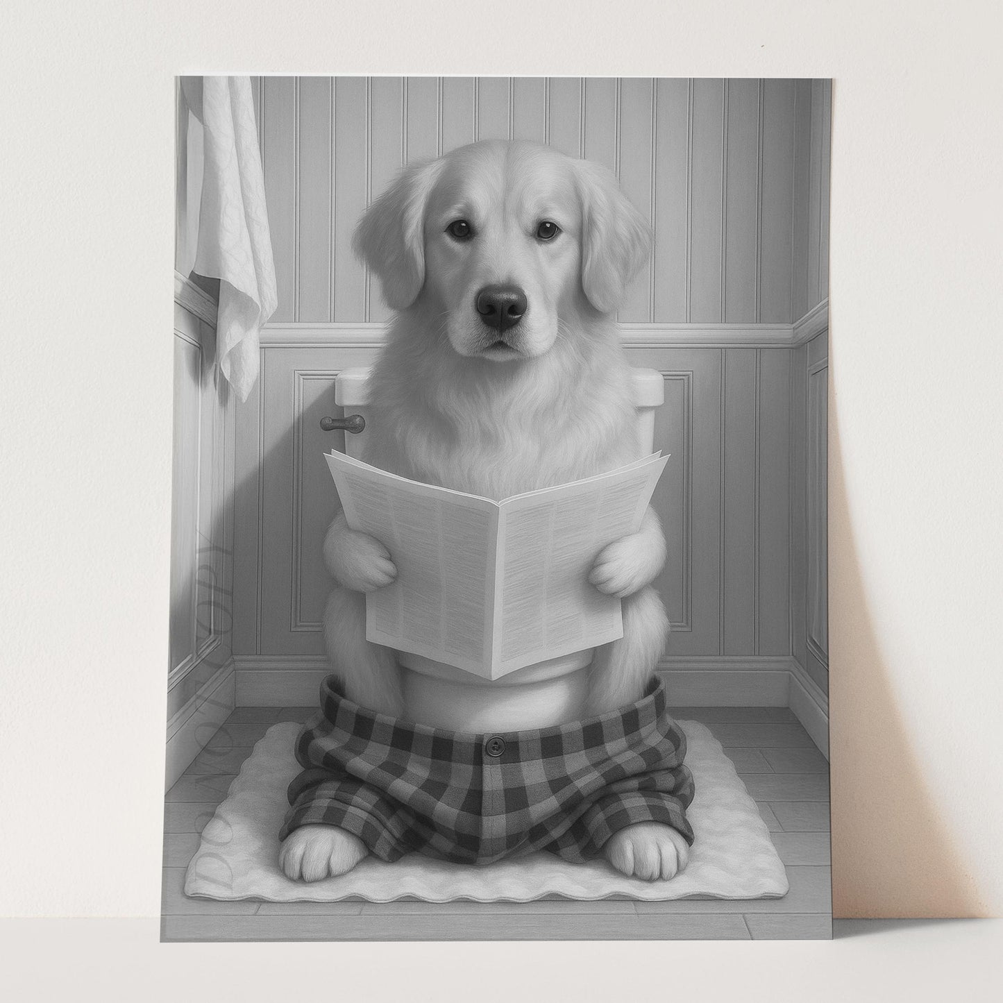 Golden Retriever Dog Reading The Newspaper On The Toilet