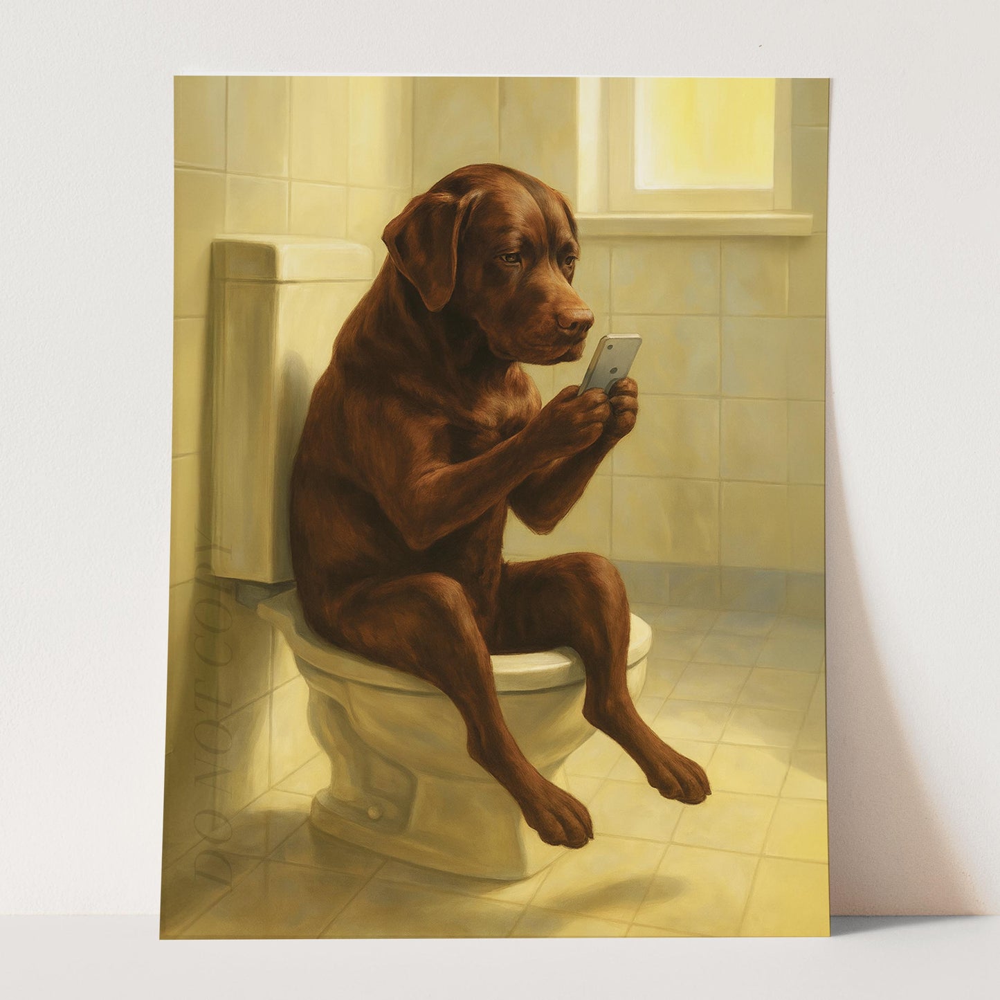Chocolate Lab Dog On The Phone On The Toilet