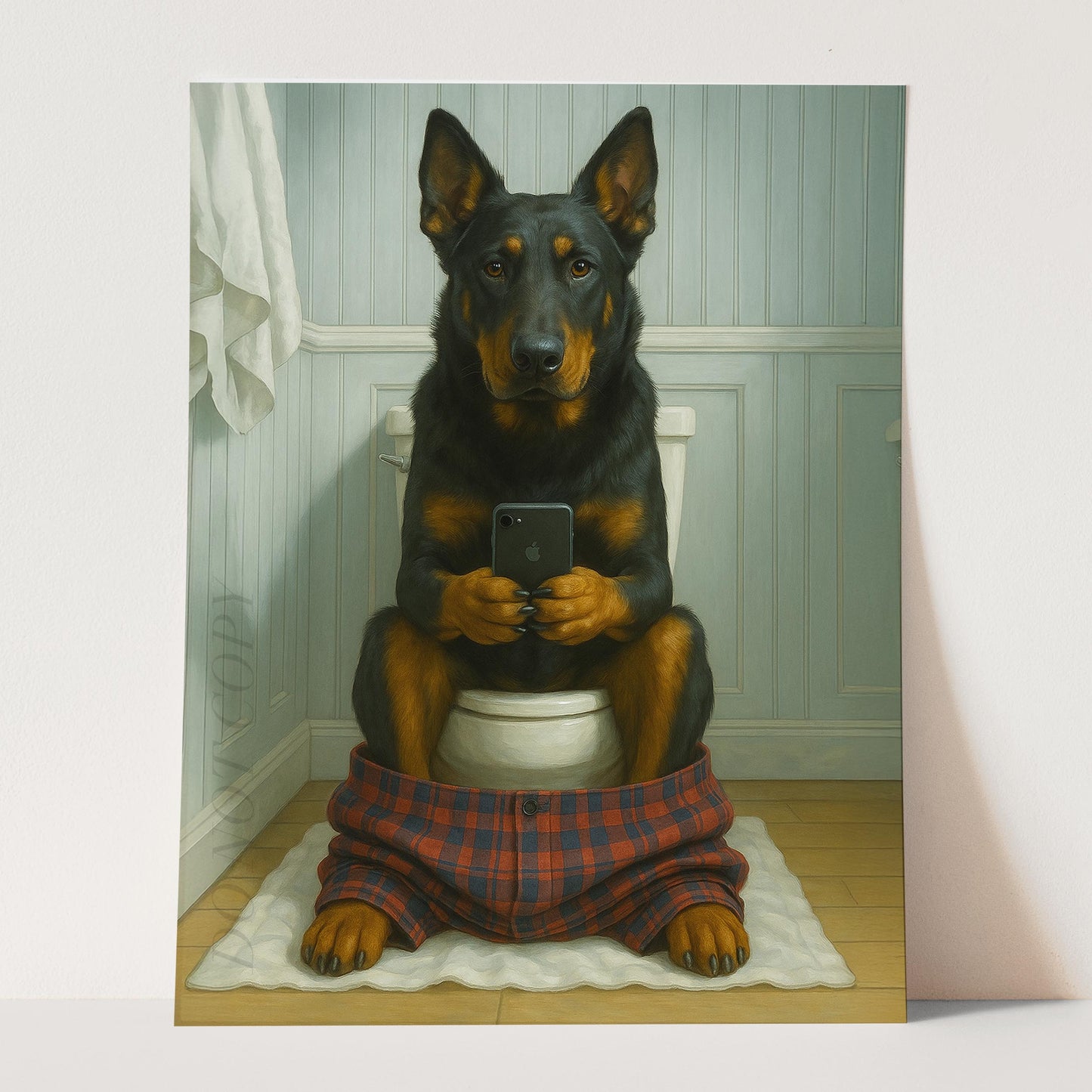 Beauceron Dog On The Phone On The Toilet