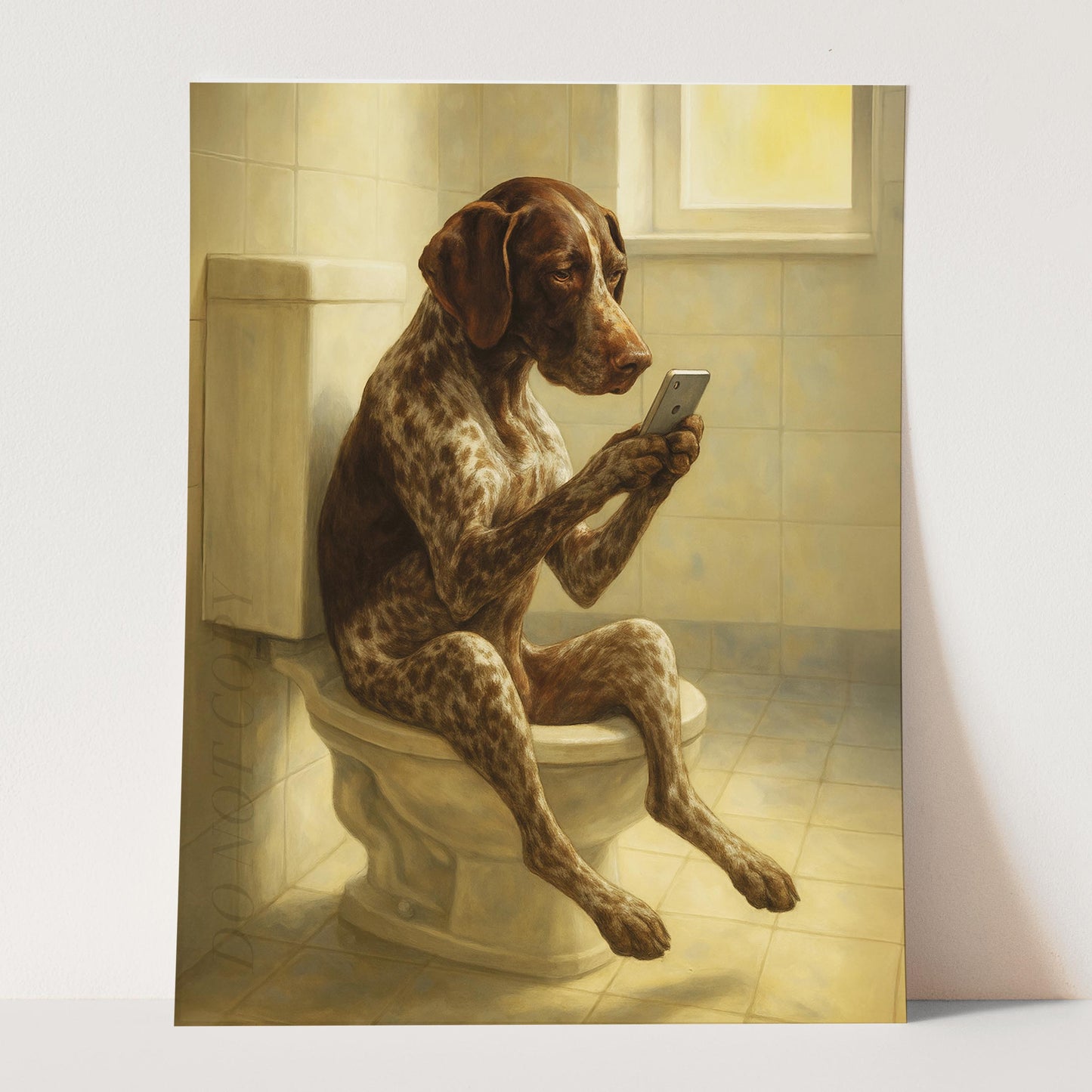 German Shorthaired Pointer Dog On The Phone On The Toilet