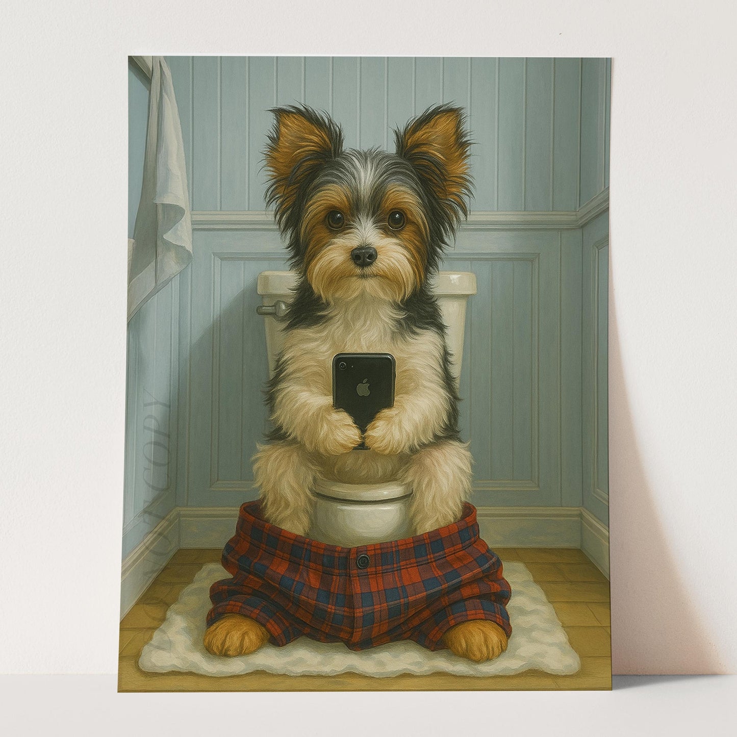 Biewer Terrier Dog On The Phone On The Toilet