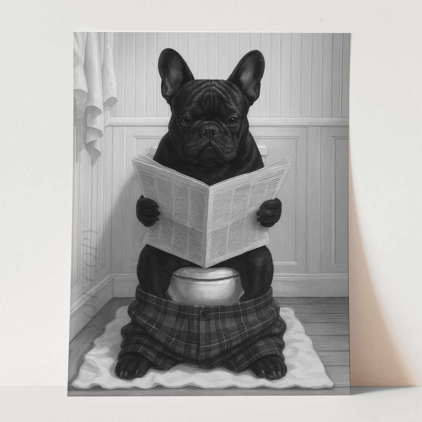 French Bulldog Reading The Newspaper On The Toilet