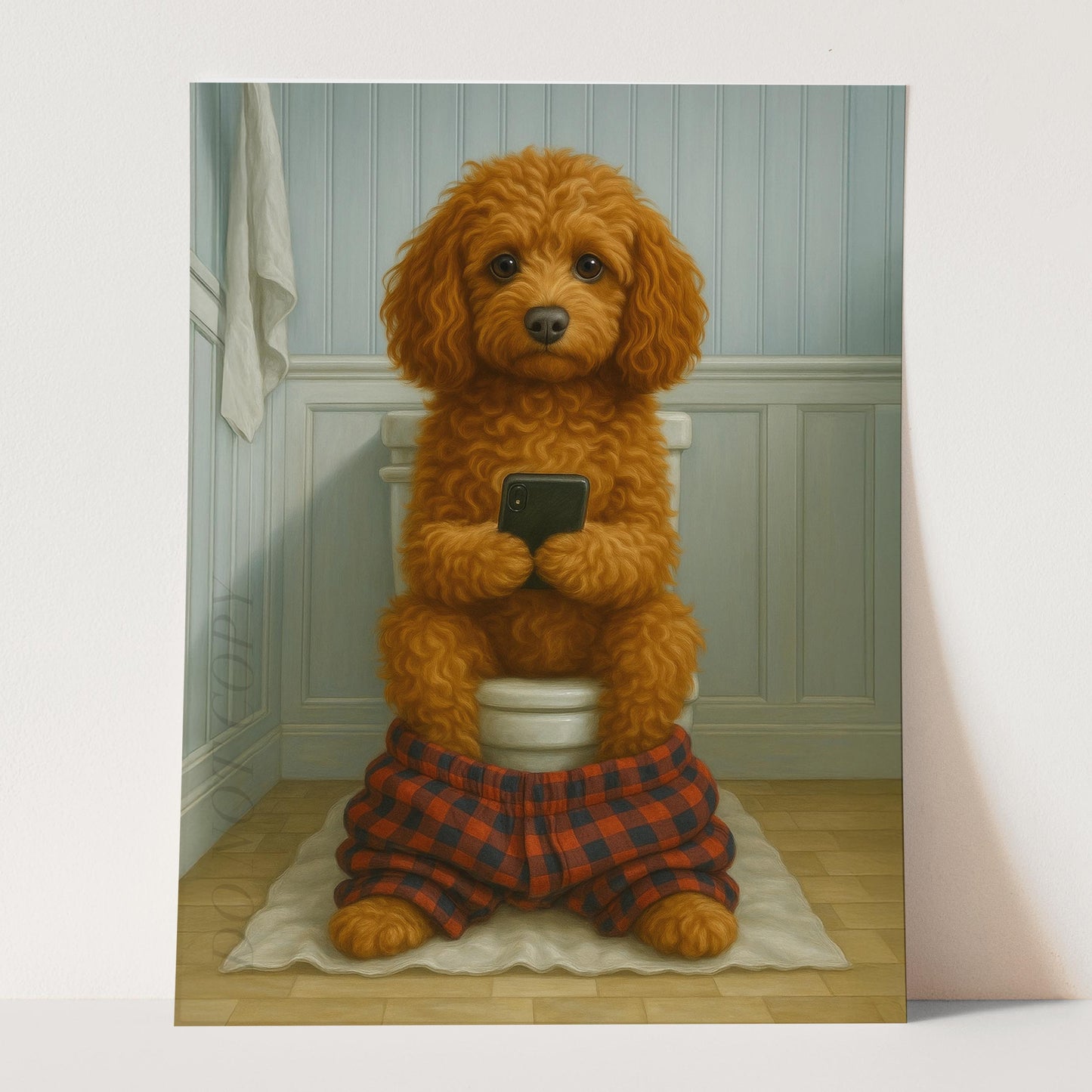 Cockapoo Dog On The Phone On The Toilet