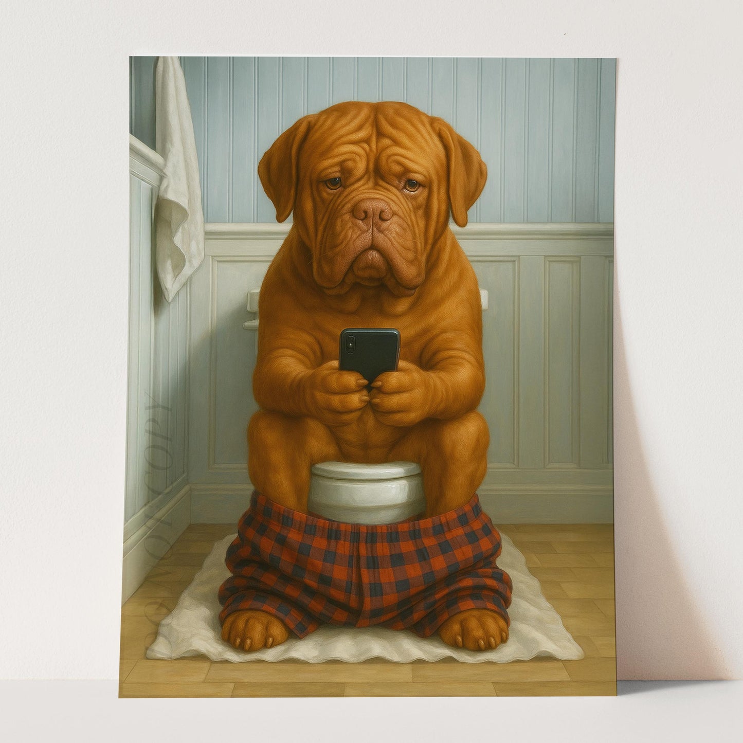 Dogue de Bordeaux Dog On The Phone On The Toilet