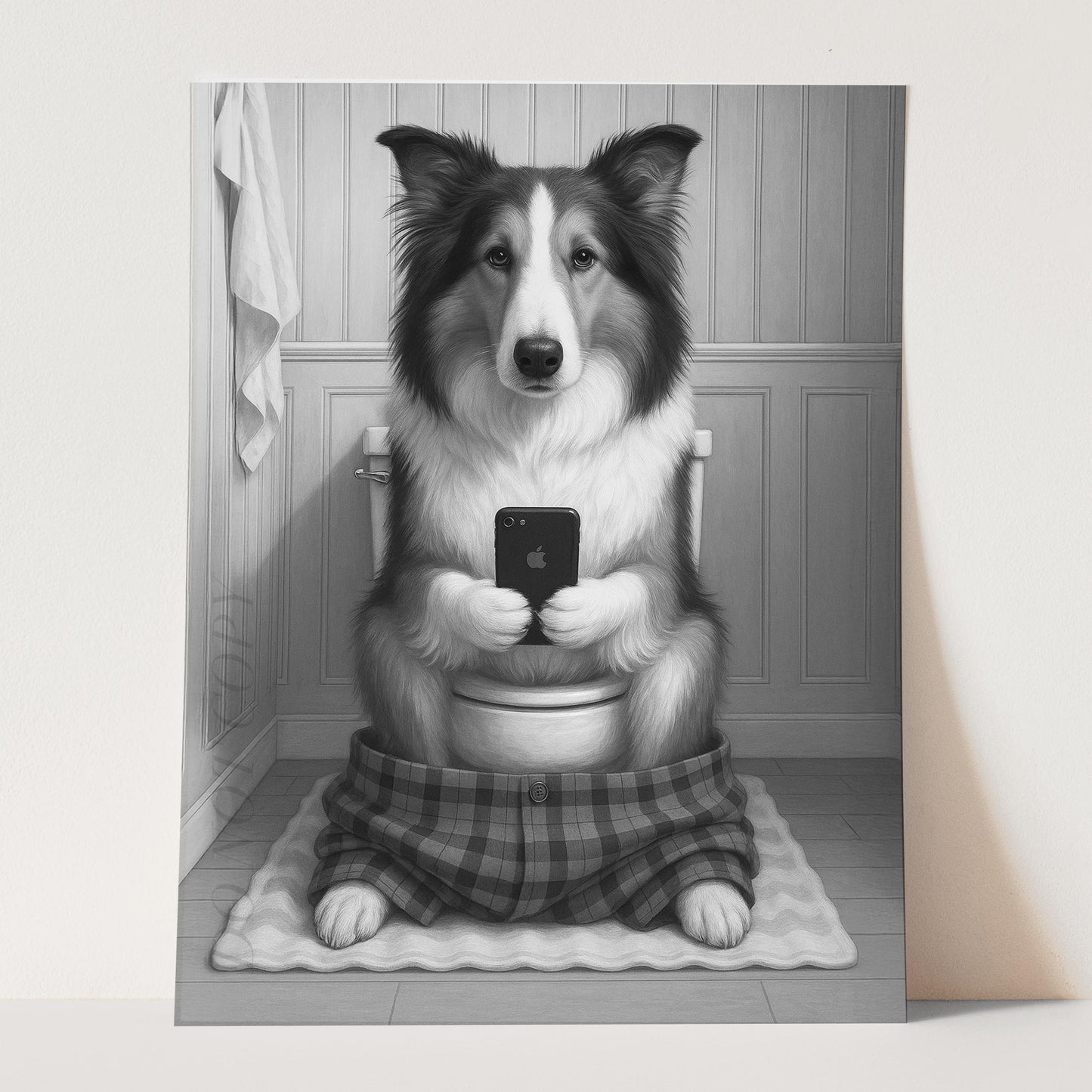 Collie Dog On The Phone On The Toilet