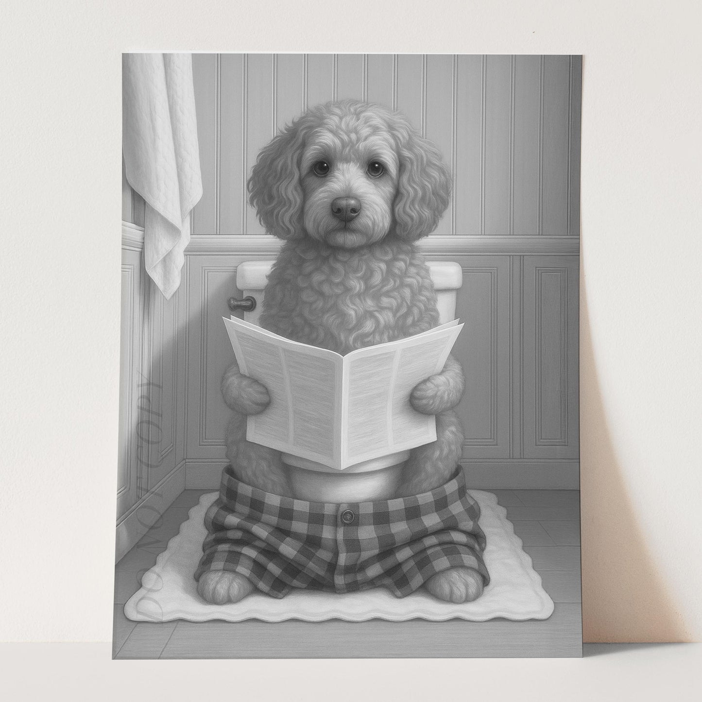 Cockapoo Dog Reading The Newspaper On The Toilet