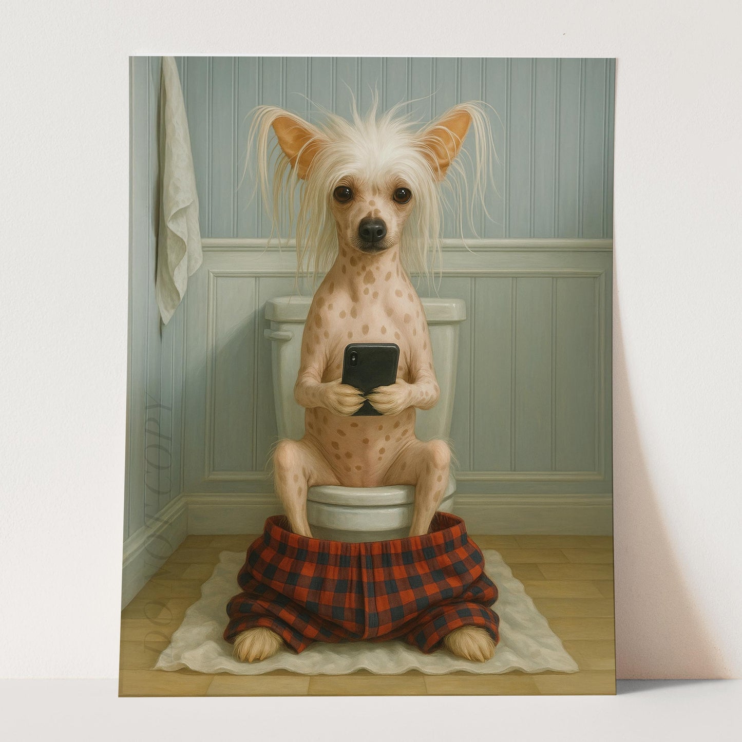 Chinese Crested Dog On The Phone On The Toilet