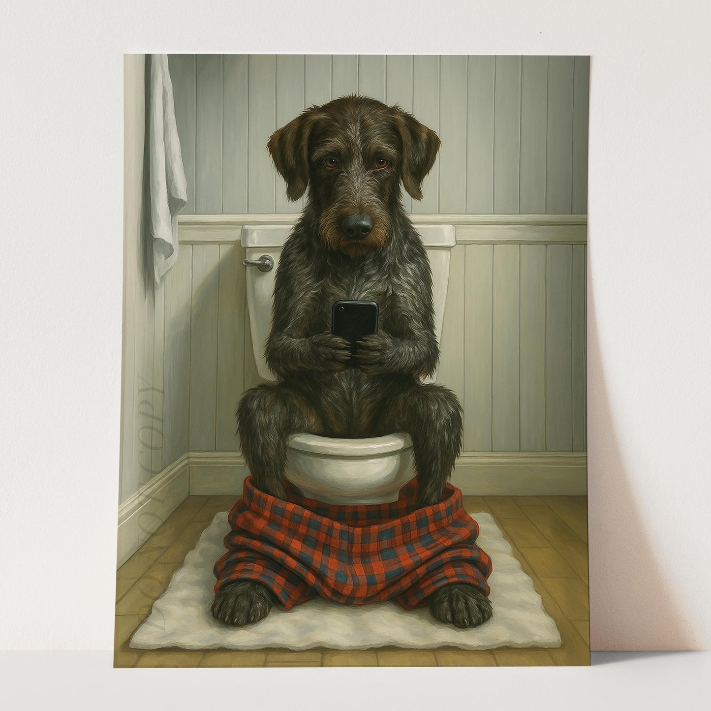 German Wirehaired Pointer Dog On The Phone On The Toilet