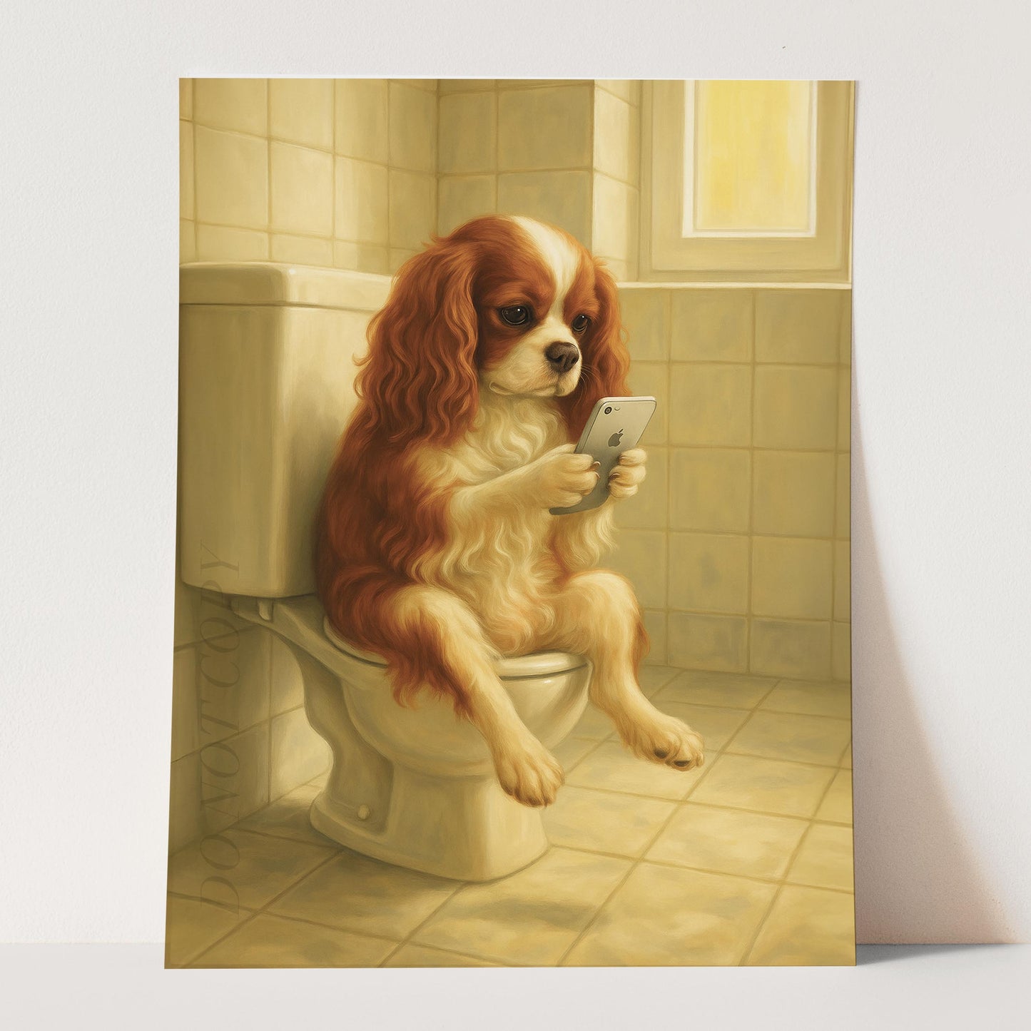 King Cavalier Dog On The Phone On The Toilet