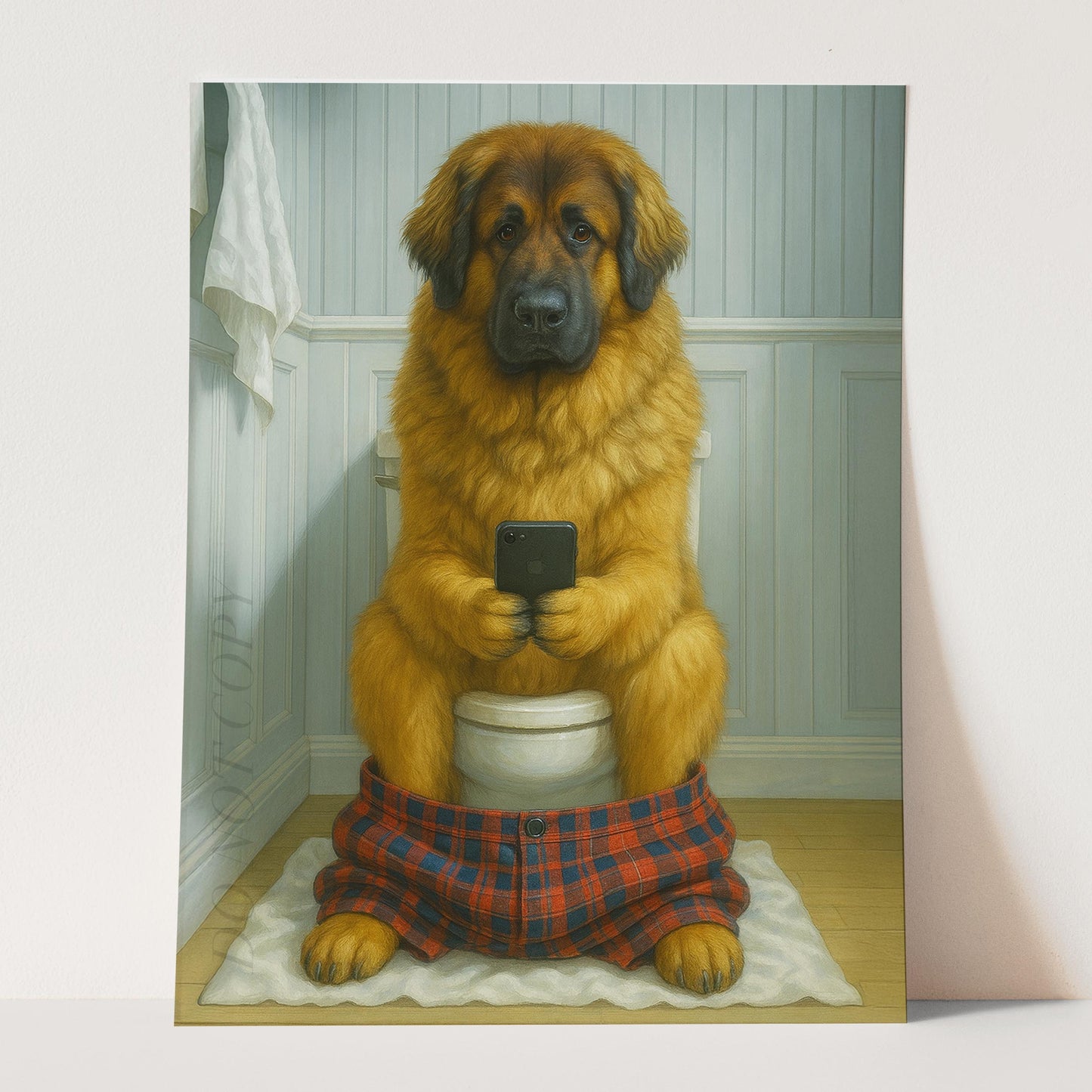 Leonberger Dog On The Phone On The Toilet