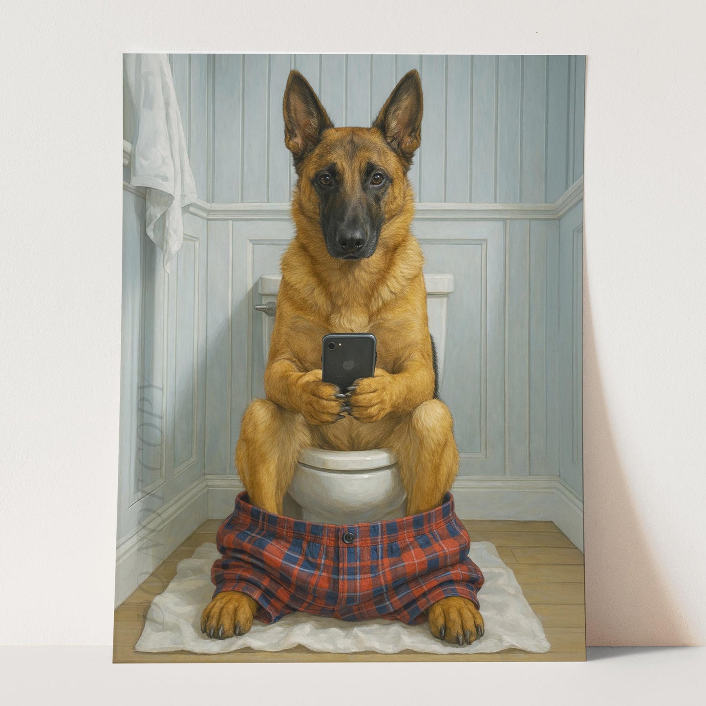 Belgian Malinois Dog On The Phone On The Toilet