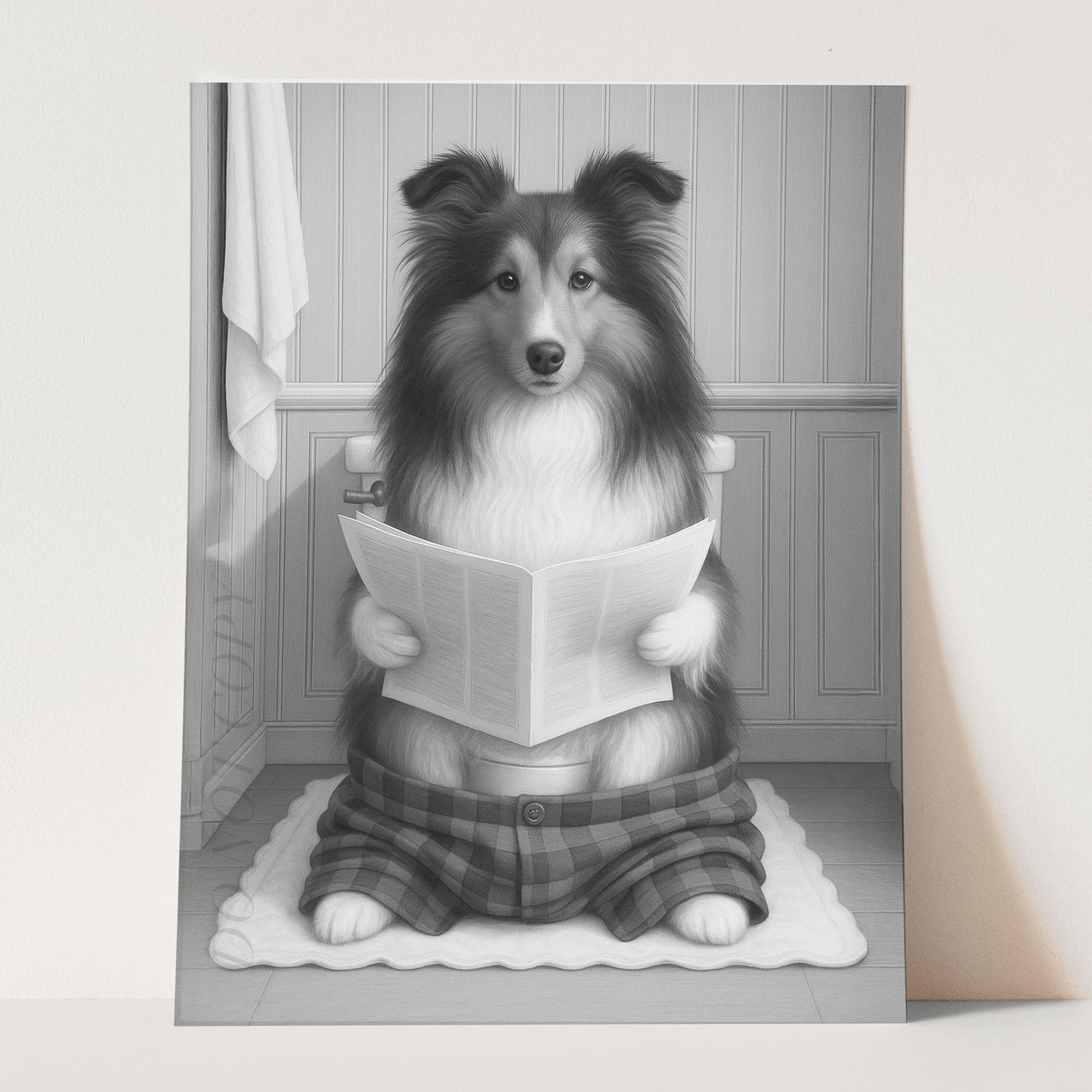 Shetland Sheepdog Reading The Newspaper On The Toilet