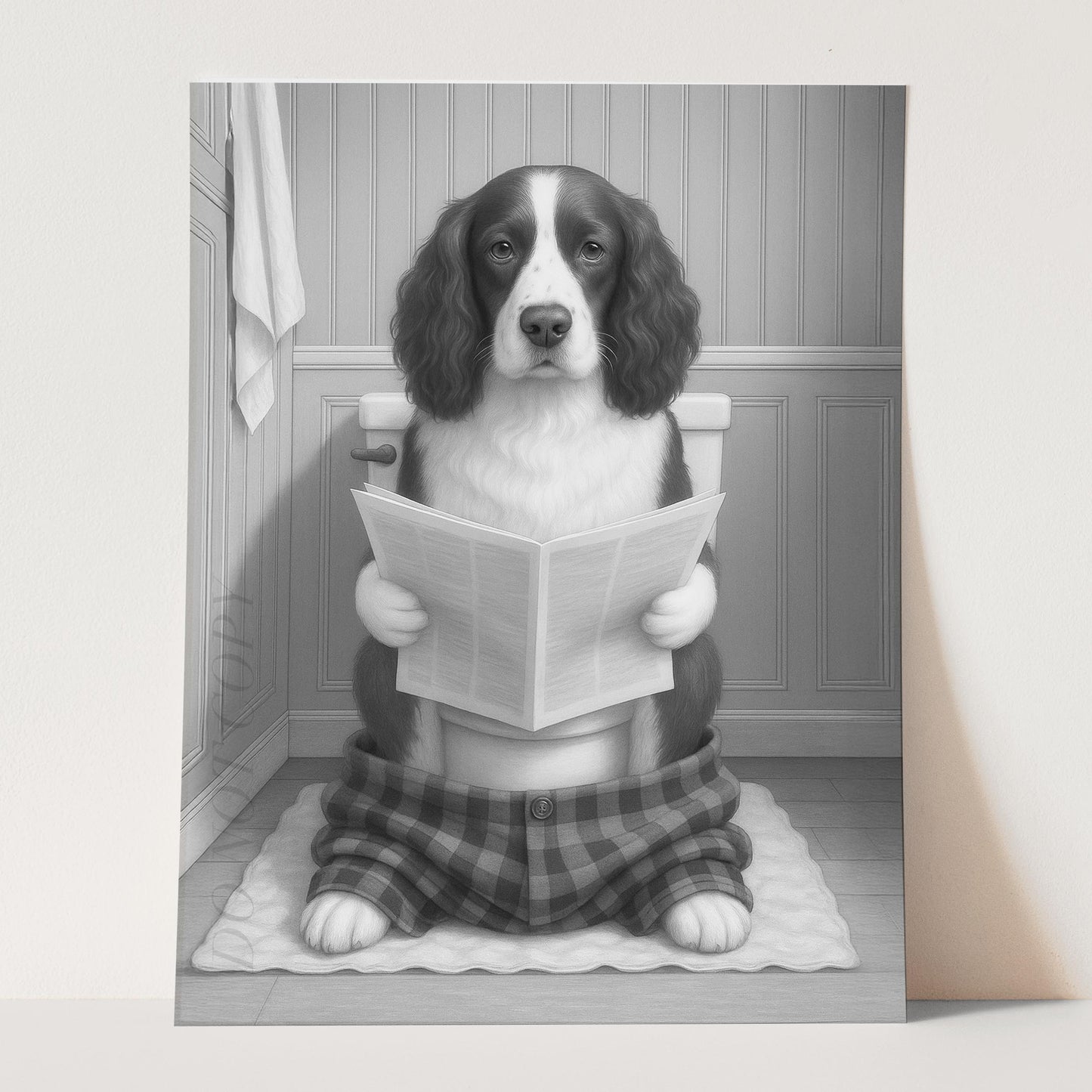 English Springer Spaniel Dog Reading The Newspaper On The Toilet