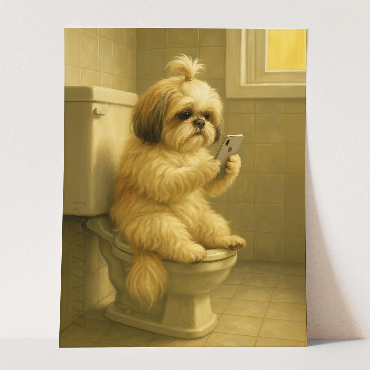 Shih Tzu Dog On The Phone On The Toilet