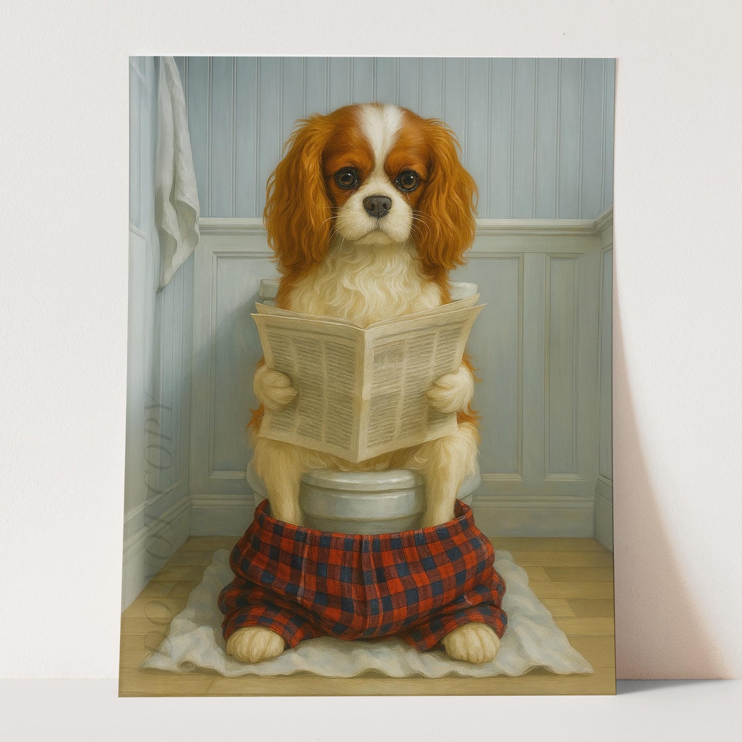 Cavalier King Charles Dog Reading The Newspaper On The Toilet