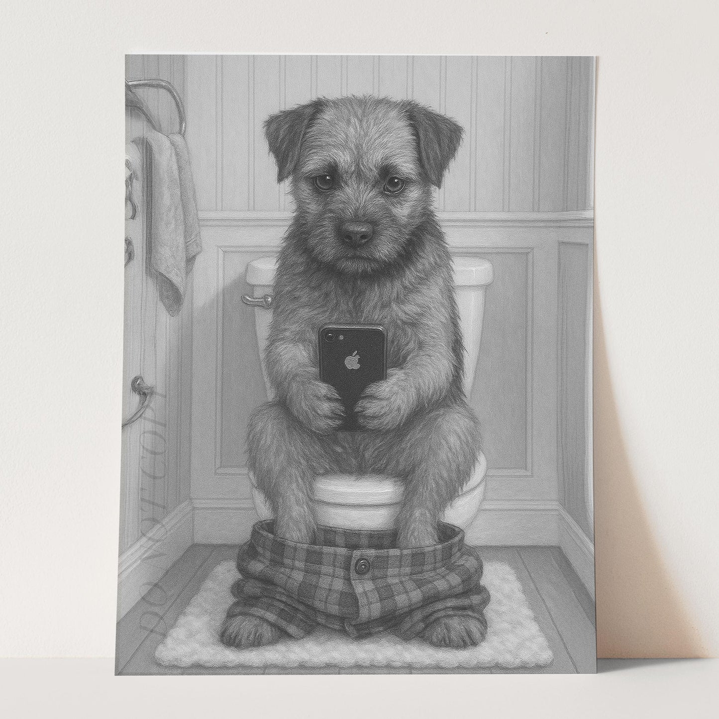Border Terrier Dog On The Phone On The Toilet