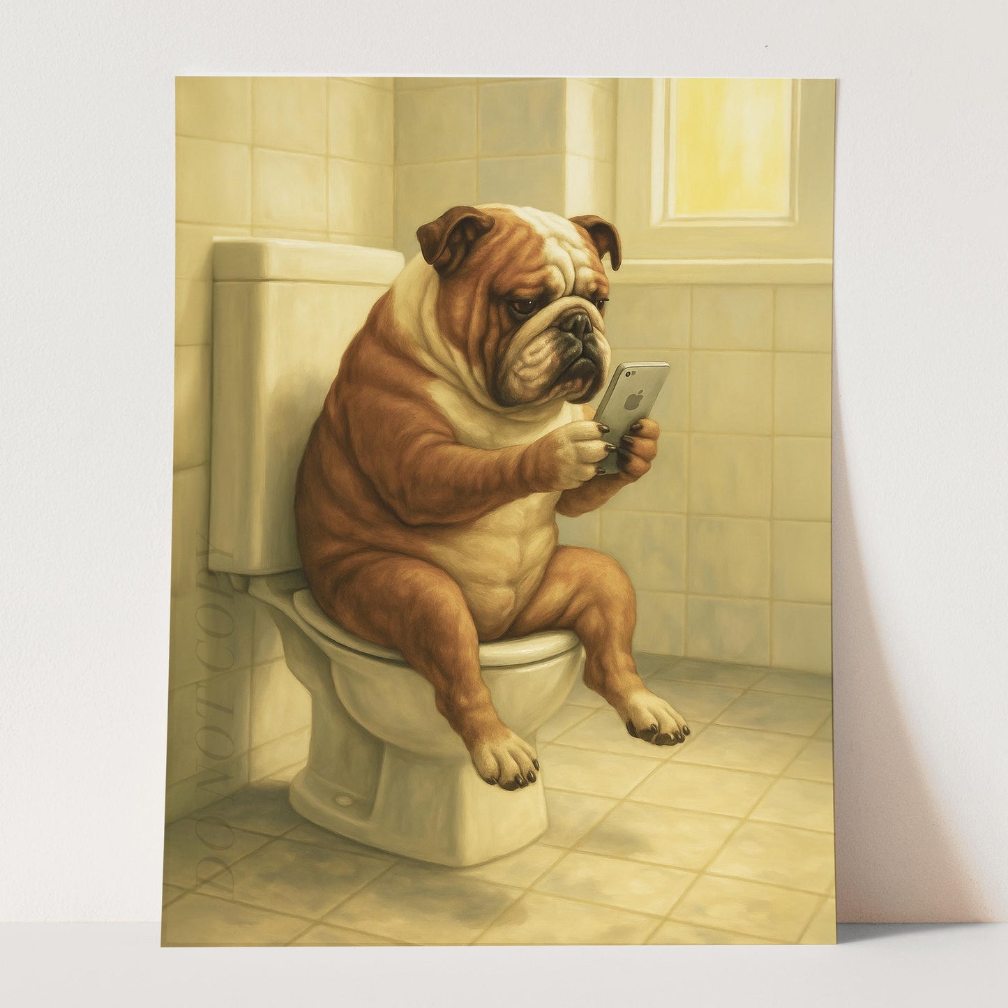 Bulldog On The Phone On The Toilet