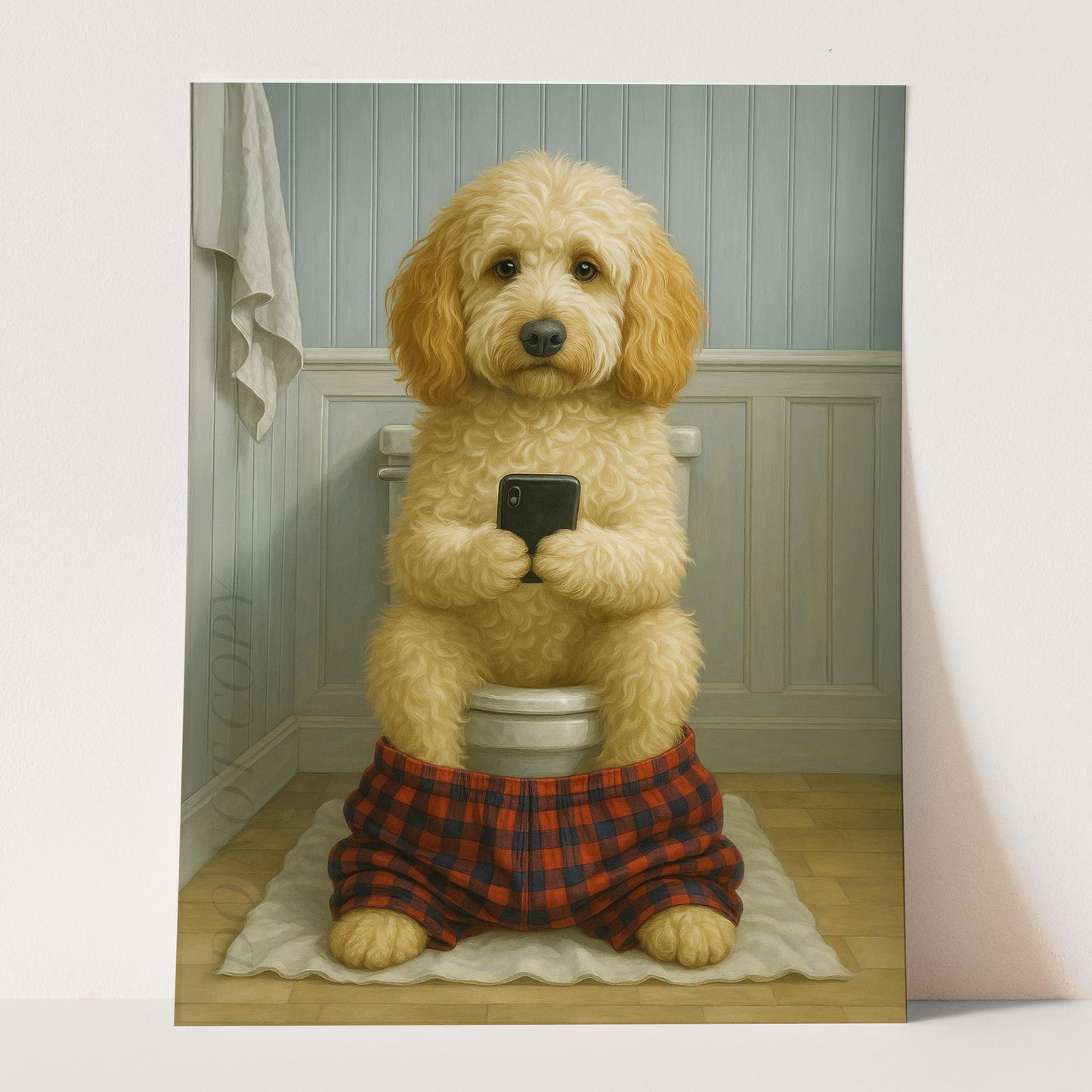 Labradoodle Dog On The Phone On The Toilet