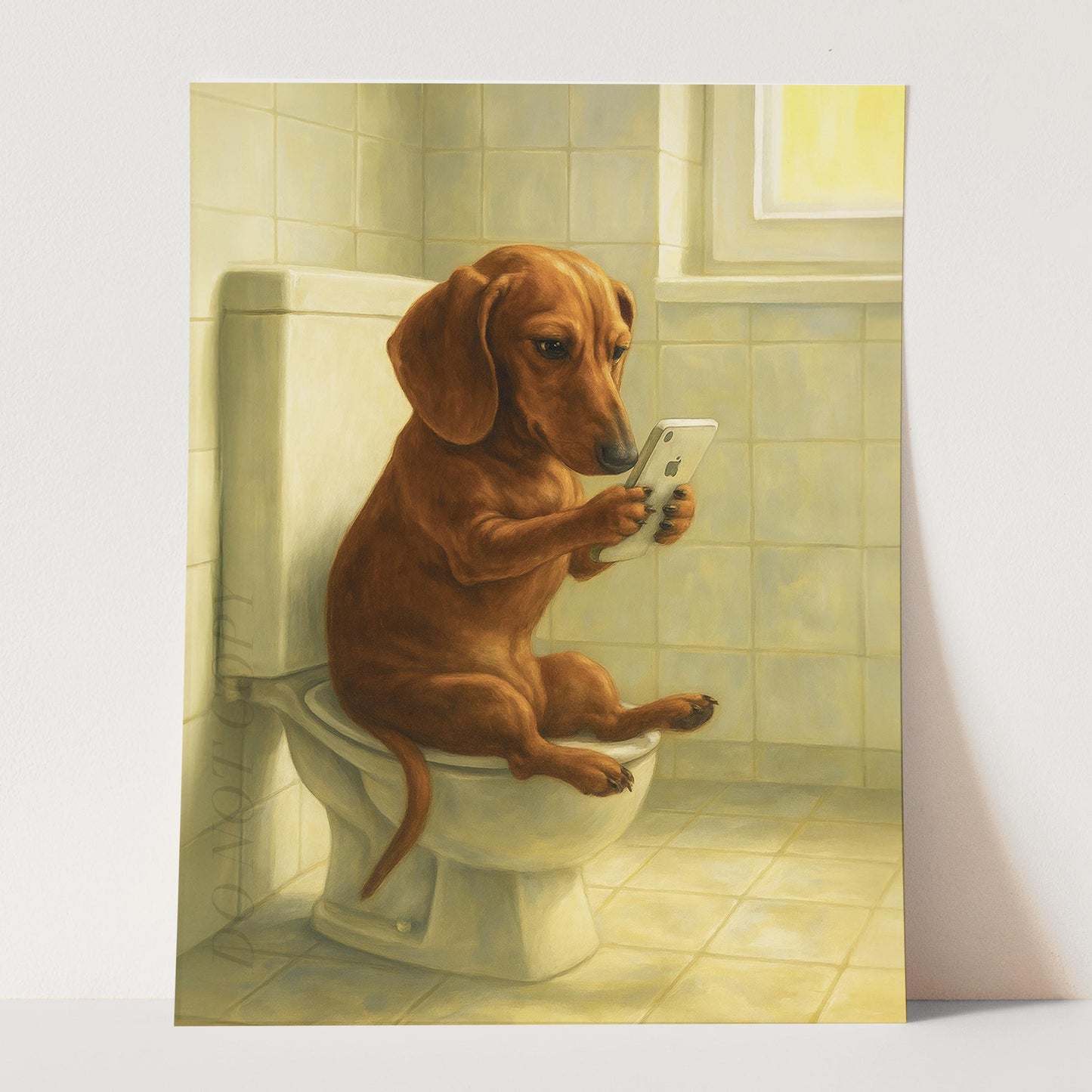 Dachshund Dog On The Phone On The Toilet