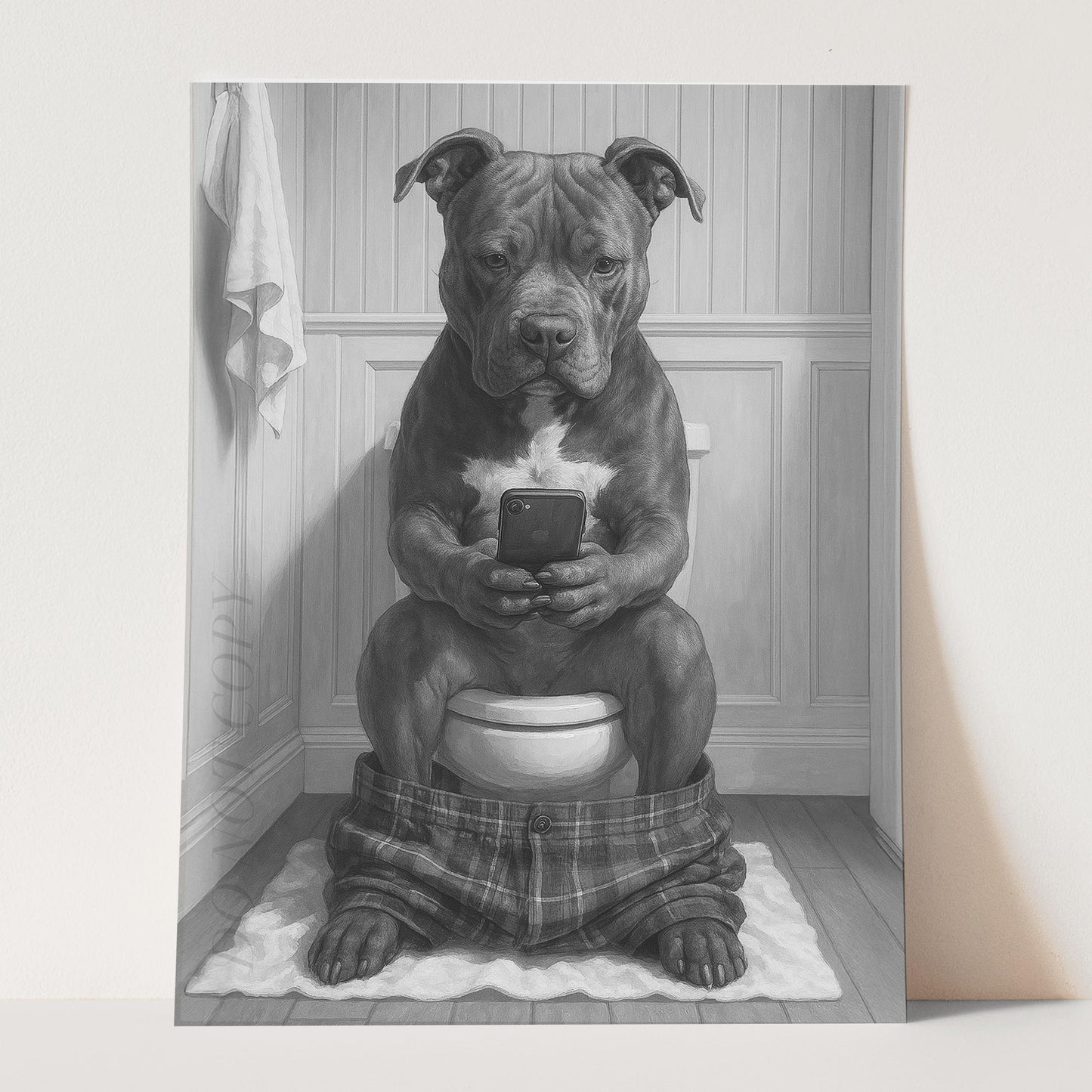 Pit Bull Terrier Dog On The Phone On The Toilet