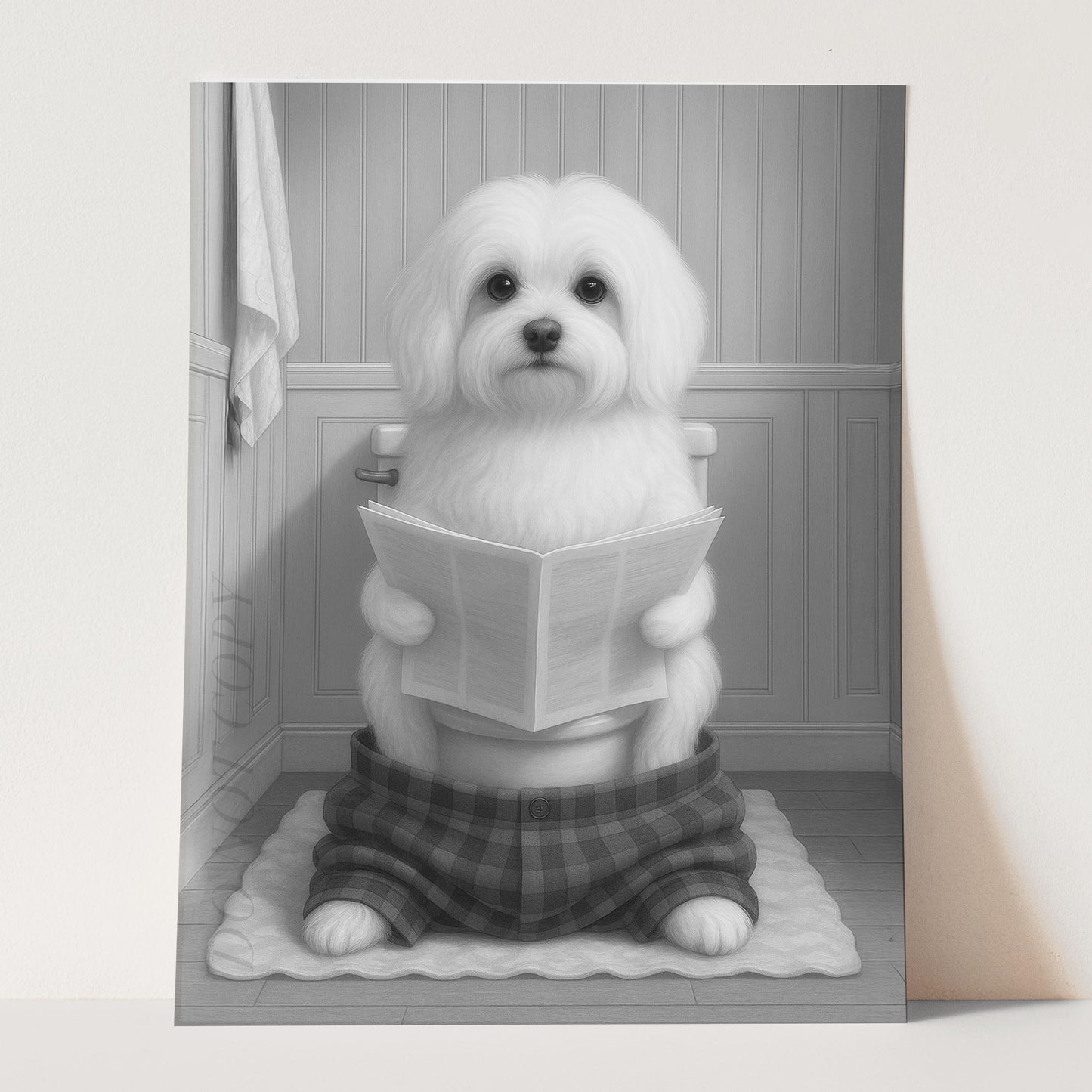 Maltese Dog Reading The Newspaper On The Toilet