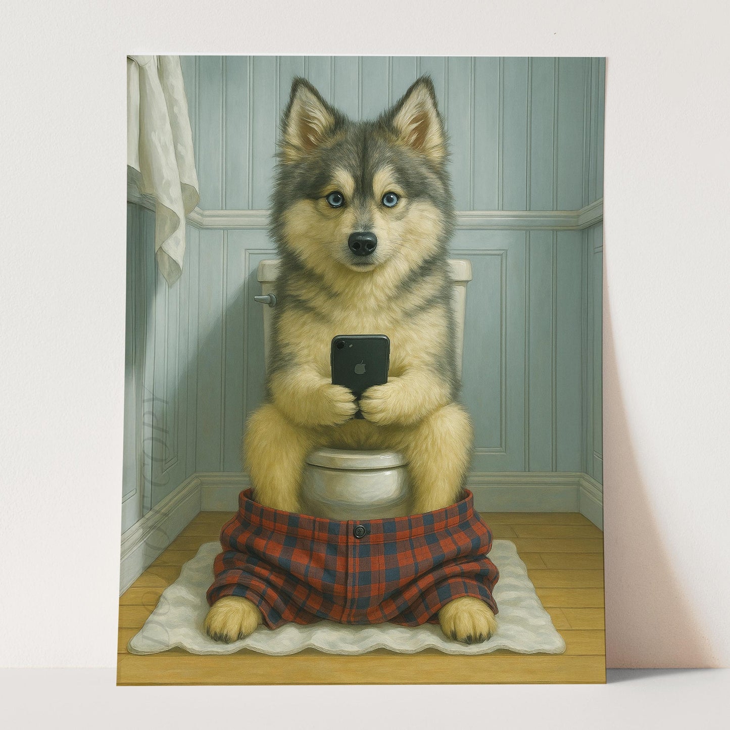 Pomsky Dog On The Phone On The Toilet