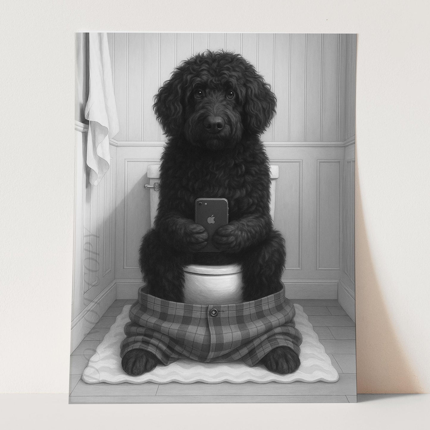 Portuguese Water Dog On The Phone On The Toilet