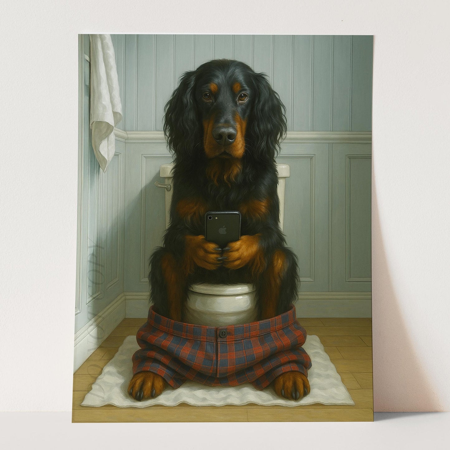 Gordon Setter Dog On The Phone On The Toilet