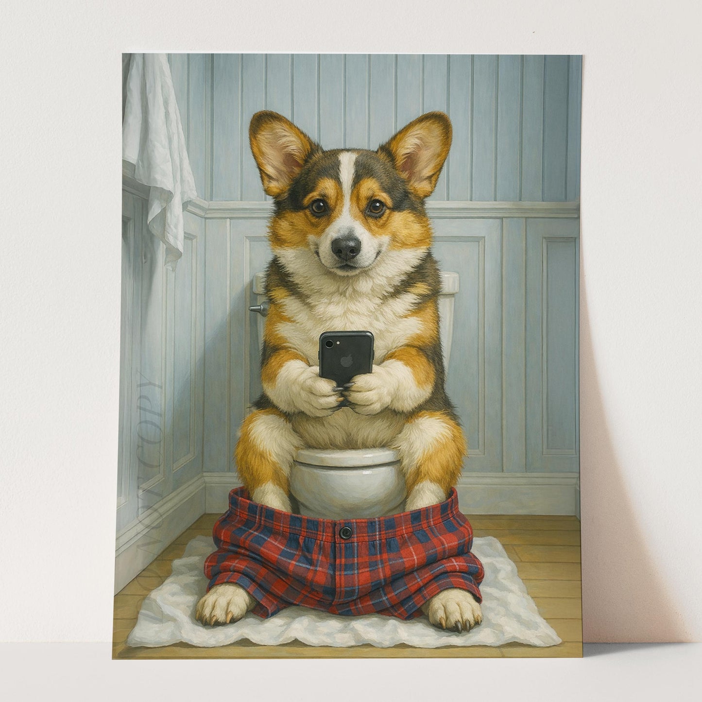 Cardigan Welsh Corgi Dog On The Phone On The Toilet