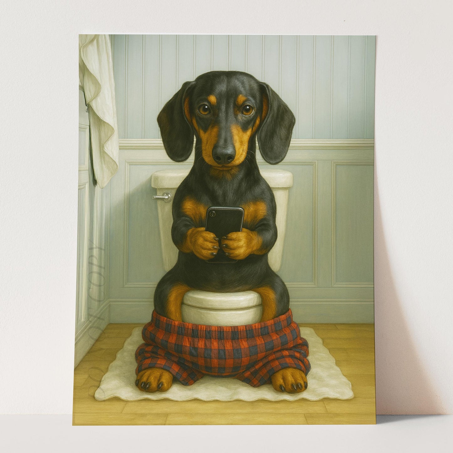 Dachshund Dog On The Phone On The Toilet