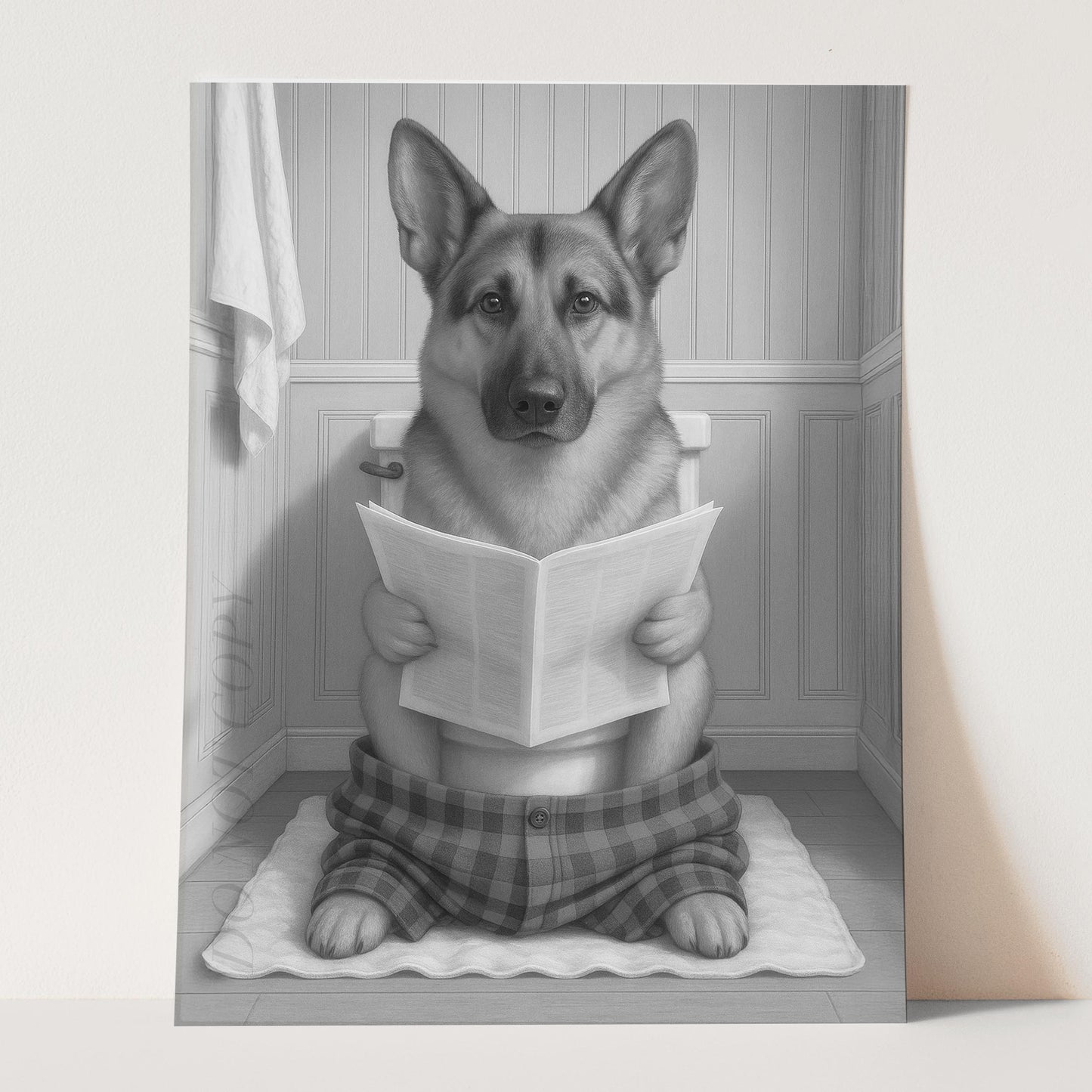 German Shepherd Dog Reading The Newspaper On The Toilet